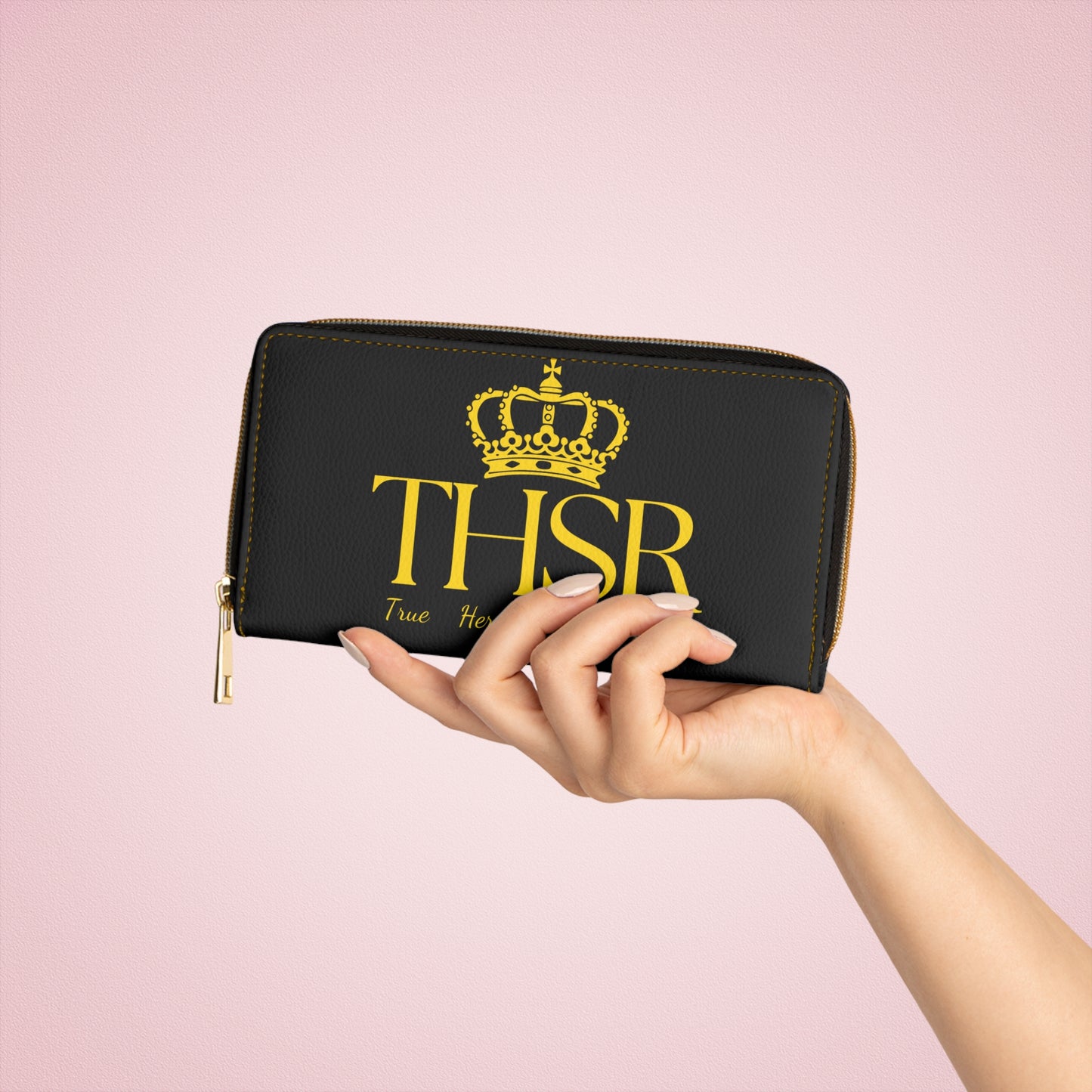 THSR Gold 'THSR True Heroes Still Rise' Black Long Zipper Wallet - Elegant Gold Detailing on Both Sides