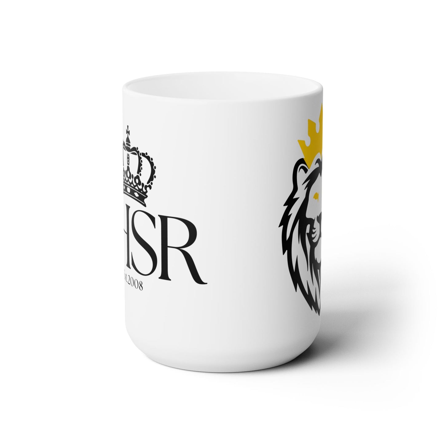 THSR Est. 2008 15 oz White Ceramic Mug - Black & Gold KING Lion and Black "THSR Est. 2008" Design on Opposite Sides