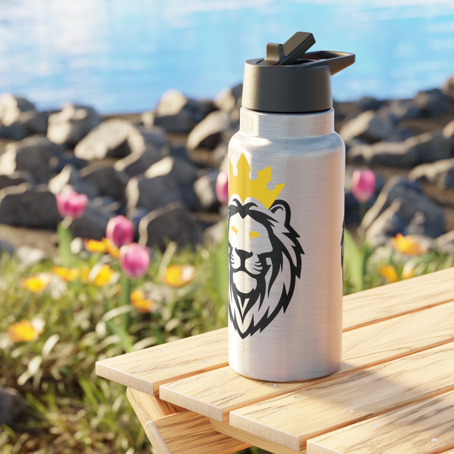 THSR KING Lion 32 oz Silver Insulated Tumbler – Durable Stainless Steel Water Bottle with Black Lid & Straw