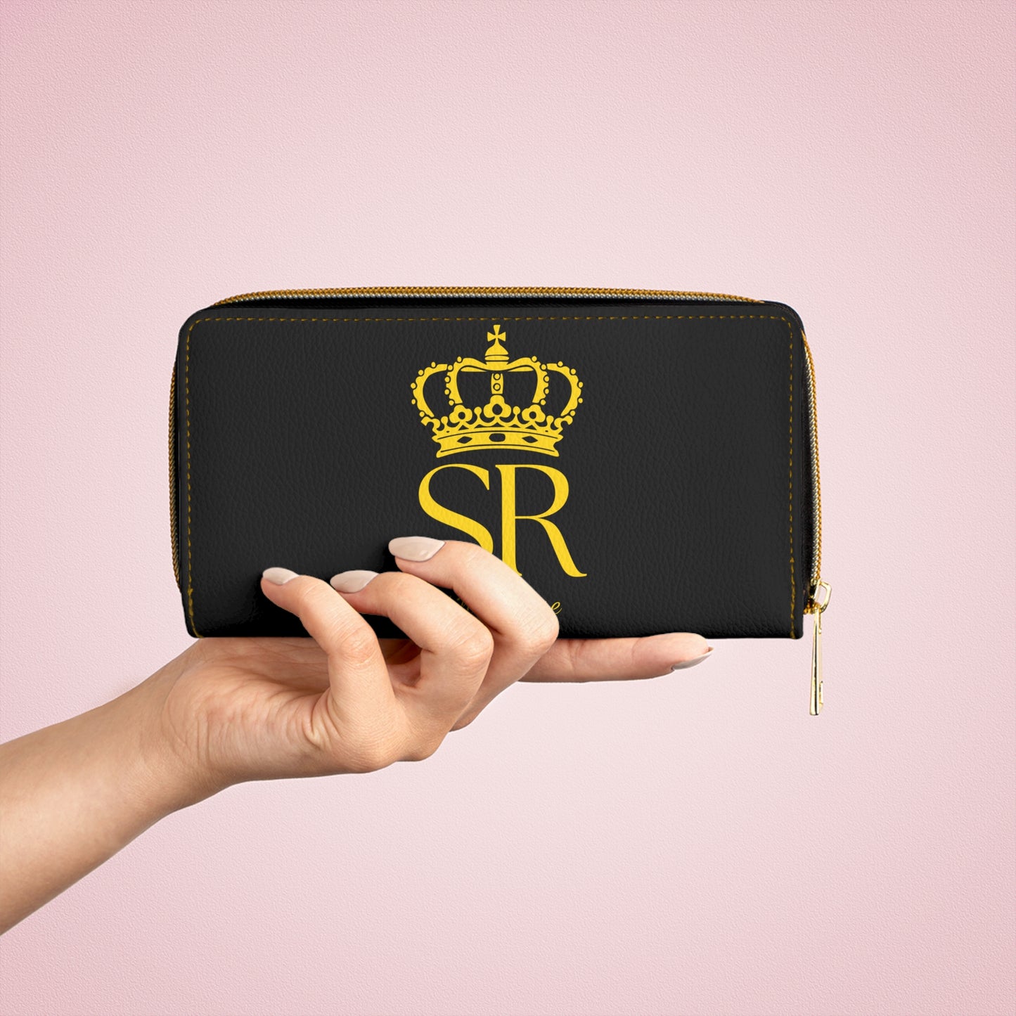 THSR Gold 'SR Still Rise' Black Long Zipper Wallet - Elegant Gold Detailing on Both Sides