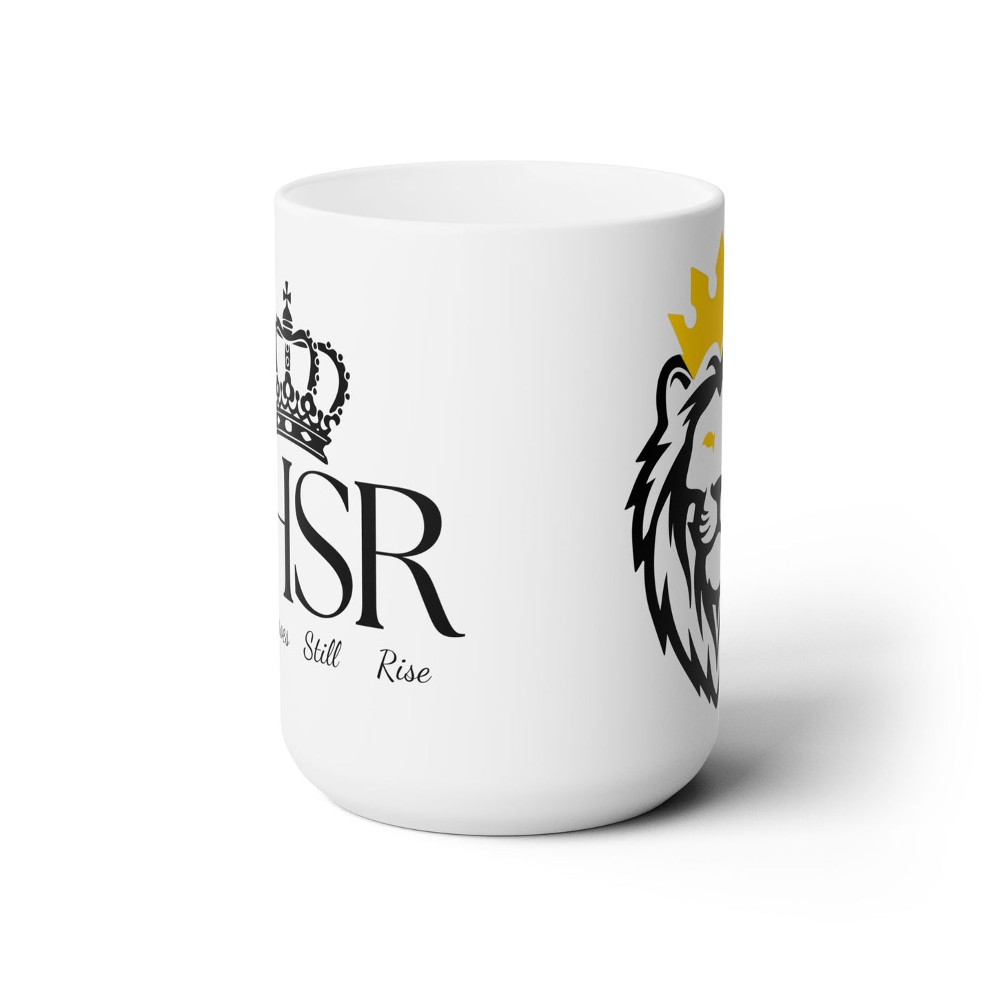 THSR "THSR True Heroes Still Rise" 15 oz White Ceramic Mug - Black & Gold KING Lion and Black "THSR True Heroes Still Rise" Design on Opposite Sides