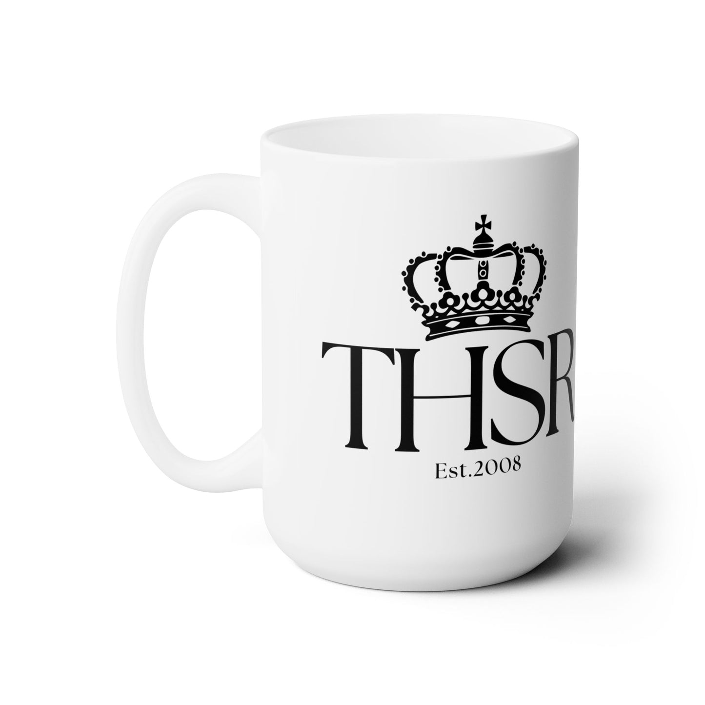 THSR Est. 2008 15 oz White Ceramic Mug - Black & Gold KING Lion and Black "THSR Est. 2008" Design on Opposite Sides