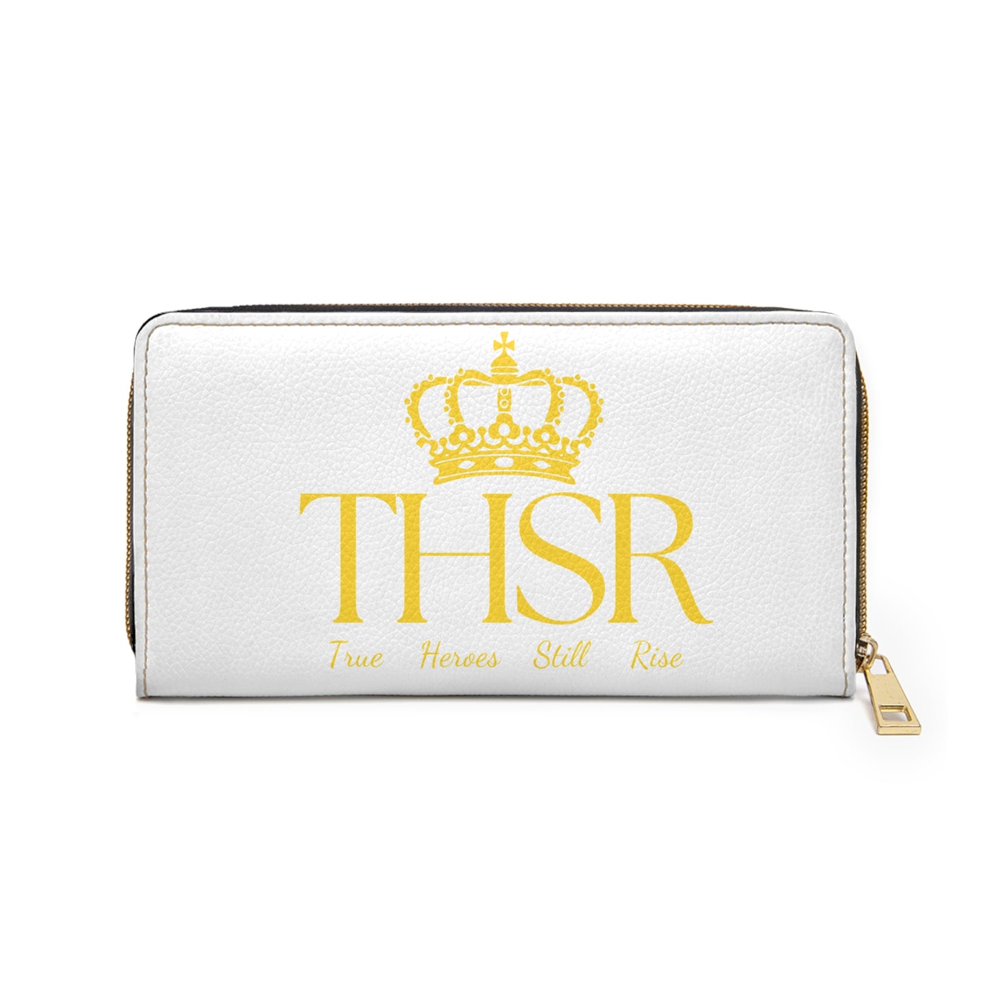 THSR 'THSR True Heroes Still Rise' White Long Zipper Wallet - Elegant Gold Detailing on Both Sides