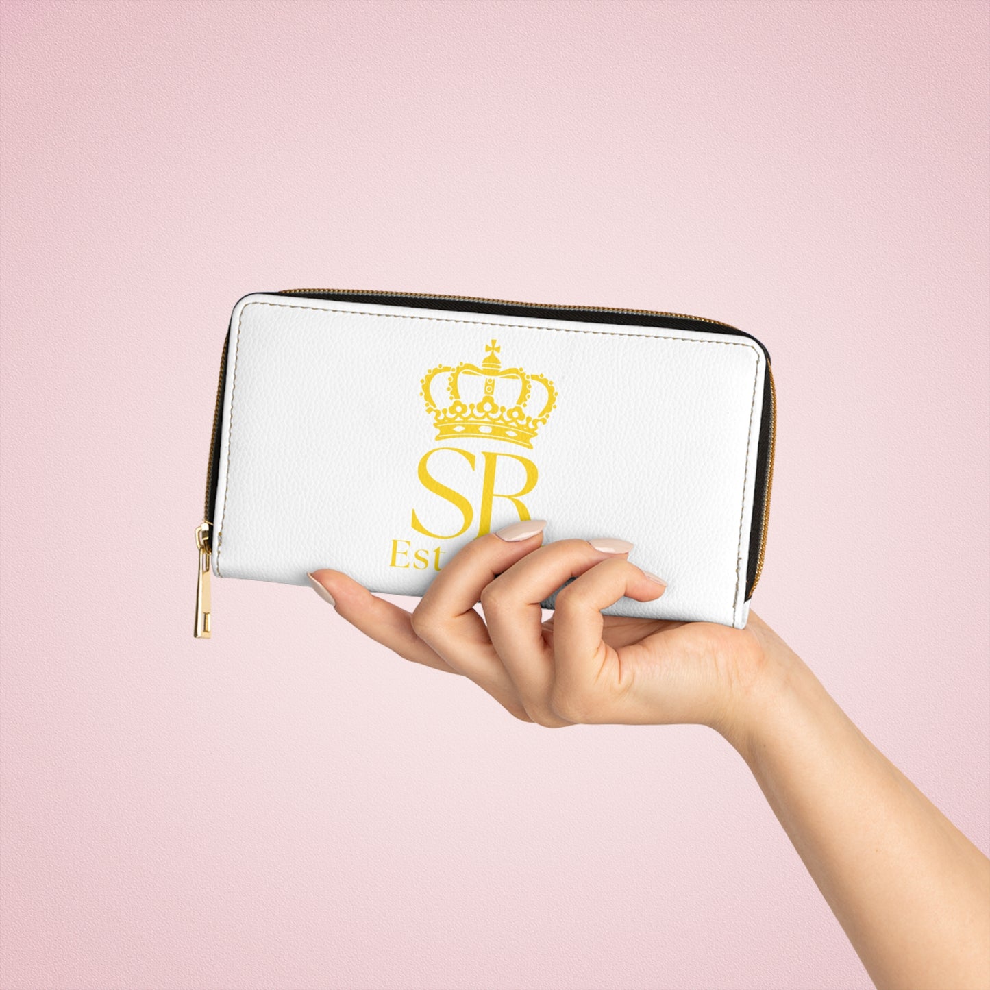 THSR 'SR Est. 2008' White Long Zipper Wallet - Elegant Gold Detailing on Both Sides