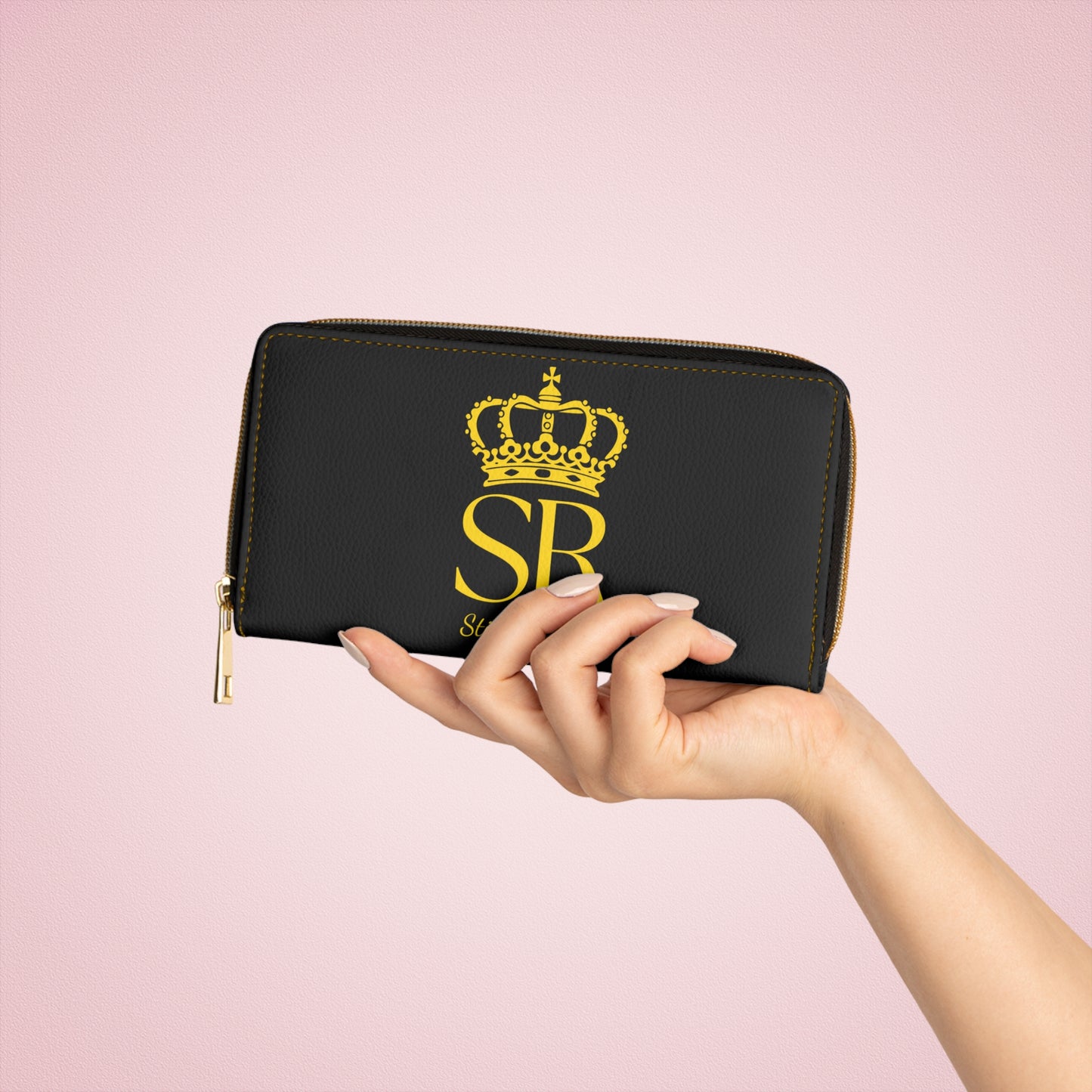 THSR Gold 'SR Still Rise' Black Long Zipper Wallet - Elegant Gold Detailing on Both Sides