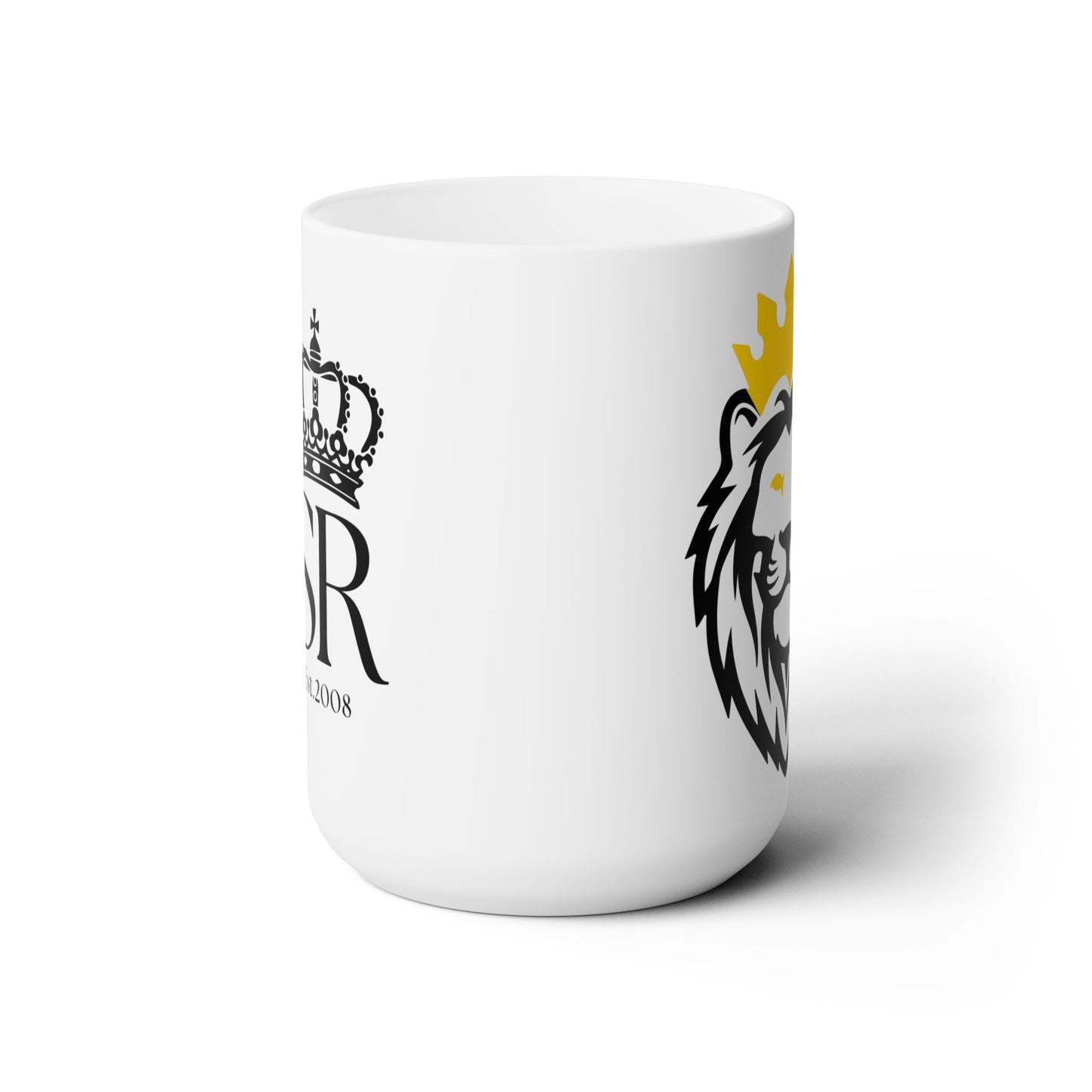 THSR "SR Est. 2008" 15 oz White Ceramic Mug - Black & Gold KING Lion and Black "SR Est. 2008" Design on Opposite Sides