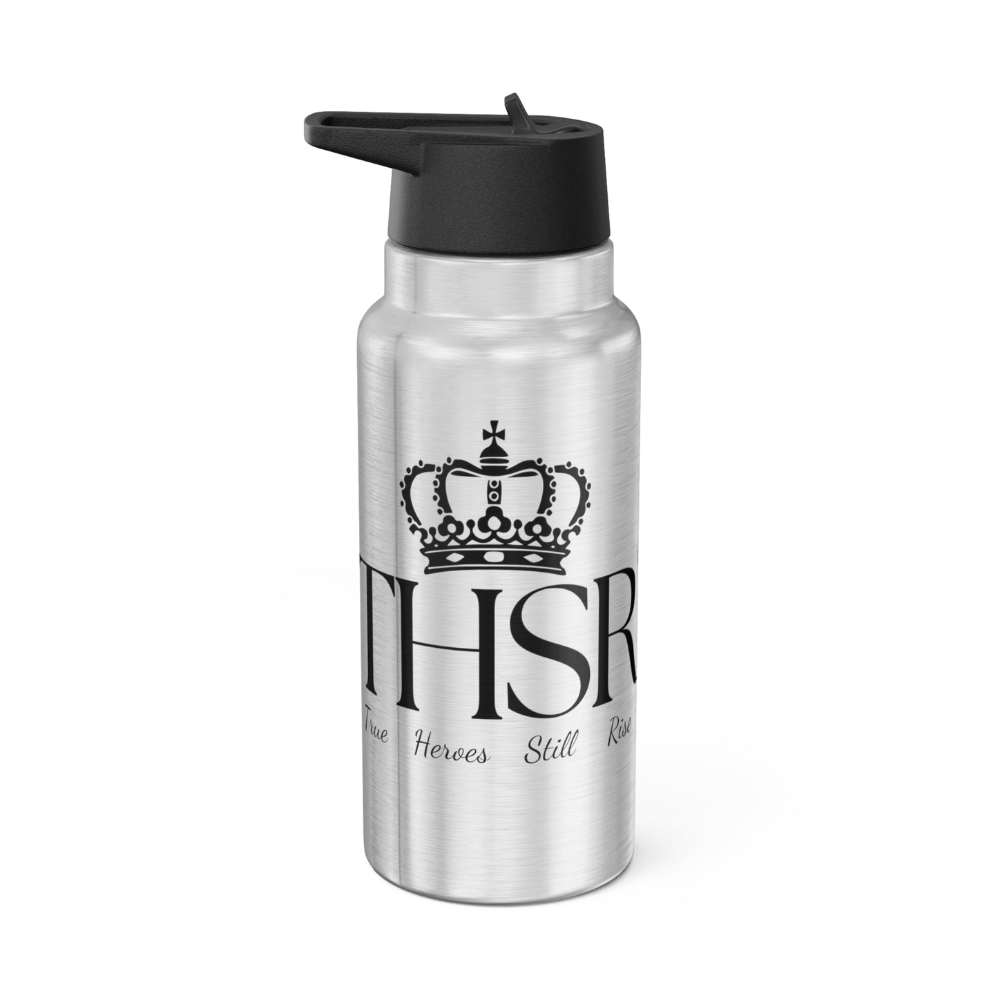 THSR "THSR True Heroes Still Rise" 32 oz Silver Insulated Tumbler – Durable Stainless Steel Water Bottle with Black Lid & Straw