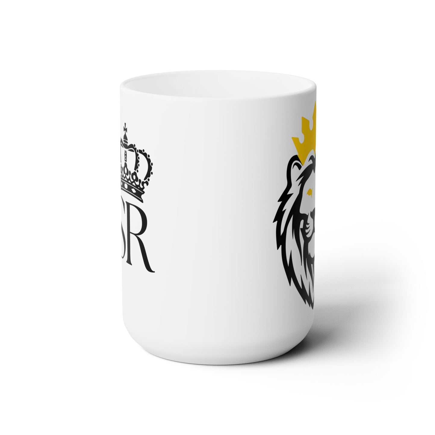 THSR "SR" 15 oz White Ceramic Mug - Black & Gold KING Lion and Black "SR" Design on Opposite Sides