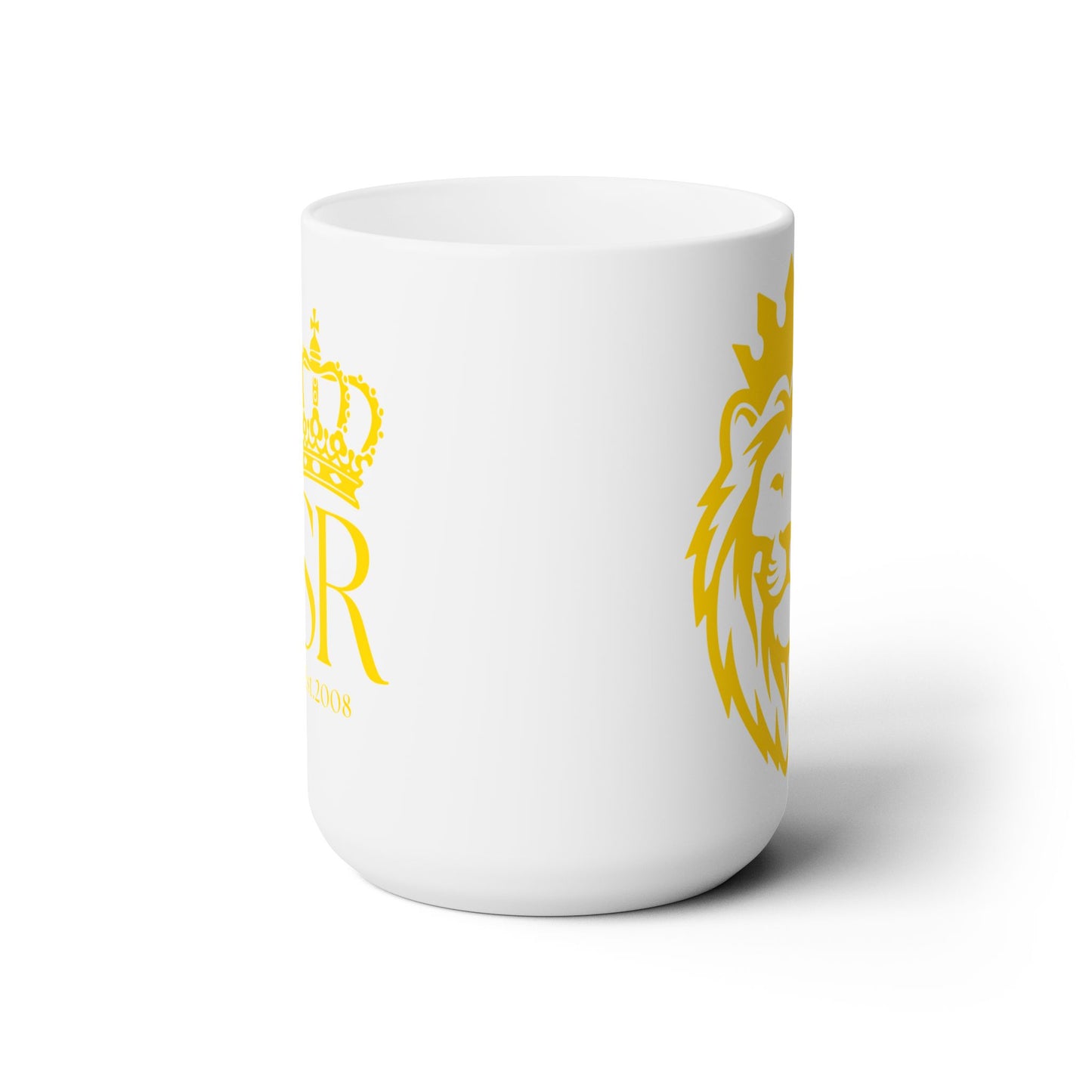 THSR "SR Est. 2008" 15 oz White Ceramic Mug - Gold KING Lion and Gold "SR Est. 2008" Design on Opposite Sides