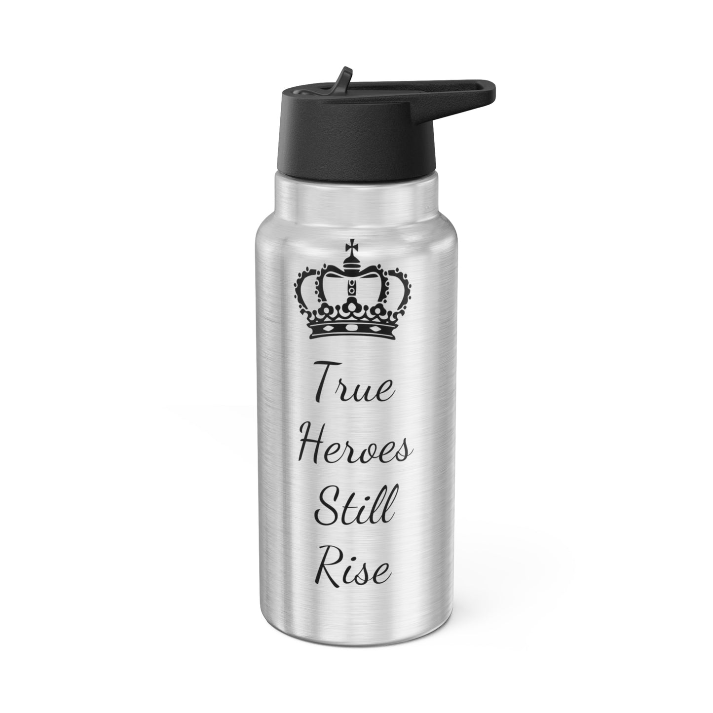 THSR "True Heroes Still Rise" 32 oz Silver Insulated Tumbler – Durable Stainless Steel Water Bottle with Black Lid & Straw