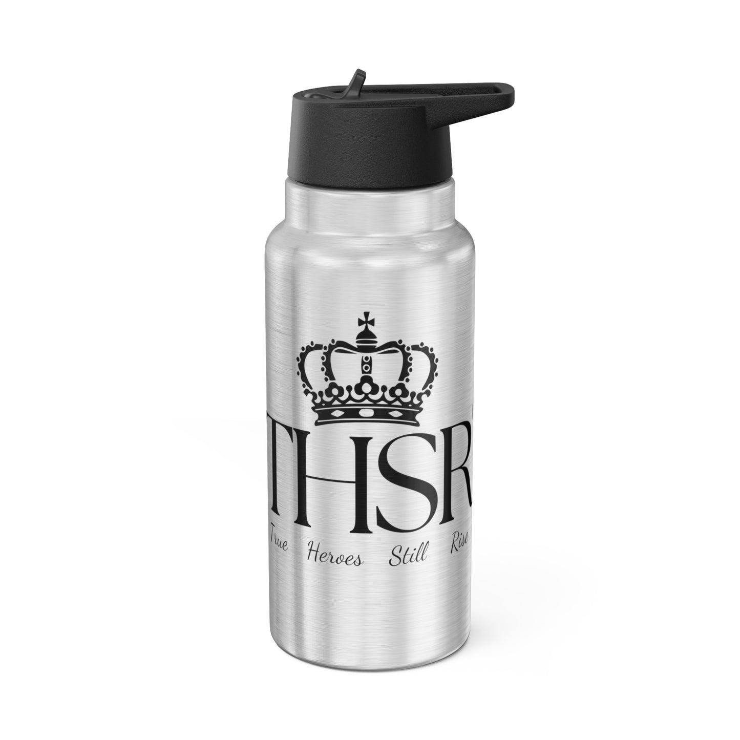 THSR "THSR True Heroes Still Rise" 32 oz Silver Insulated Tumbler – Durable Stainless Steel Water Bottle with Black Lid & Straw