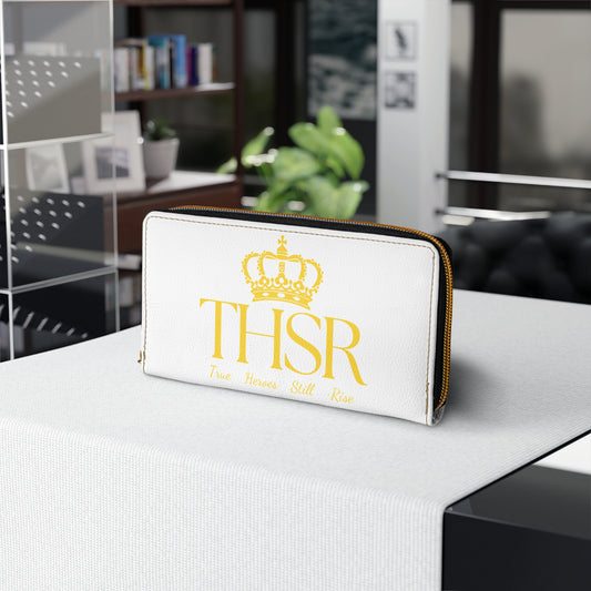 THSR 'THSR True Heroes Still Rise' White Long Zipper Wallet - Elegant Gold Detailing on Both Sides