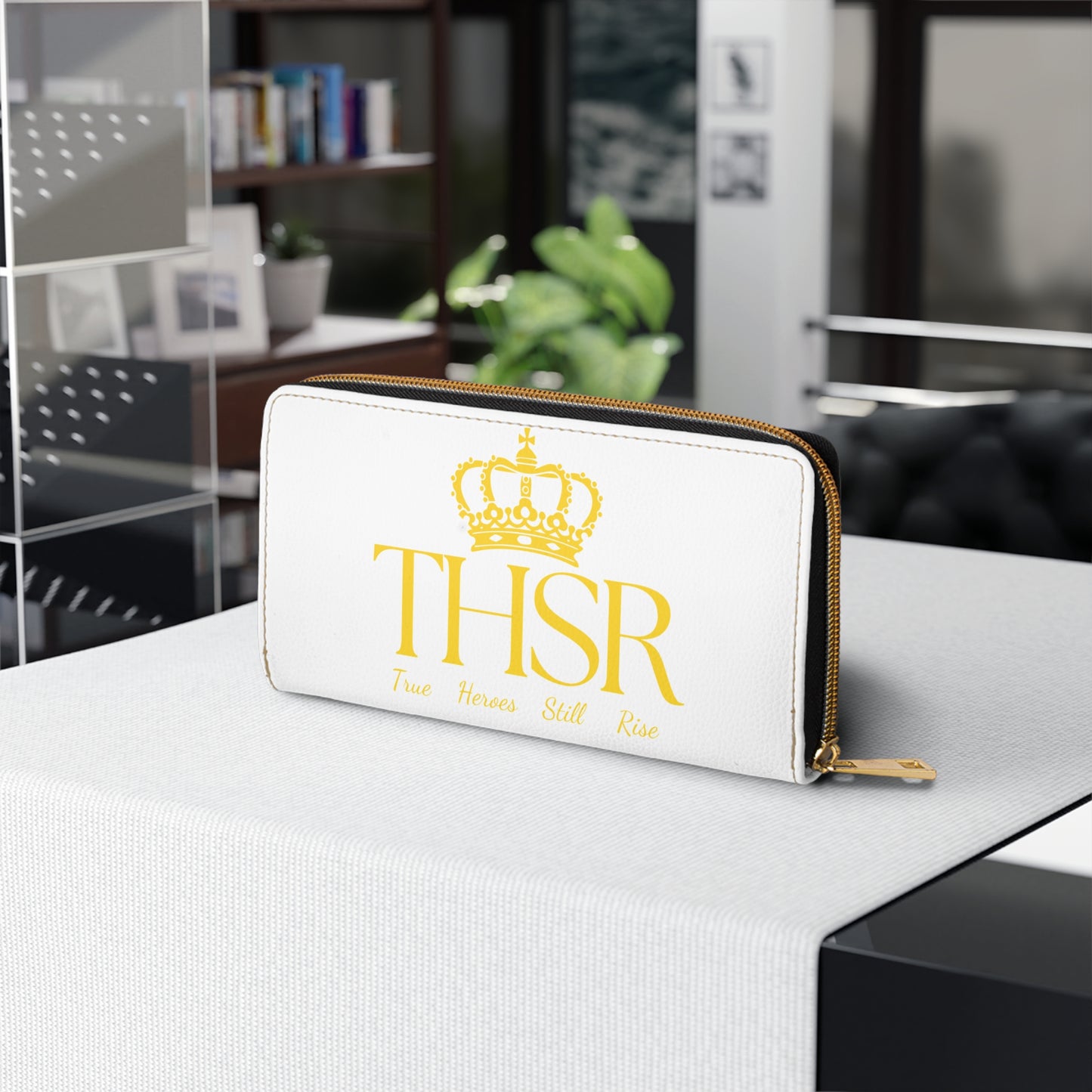 THSR 'THSR True Heroes Still Rise' White Long Zipper Wallet - Elegant Gold Detailing on Both Sides