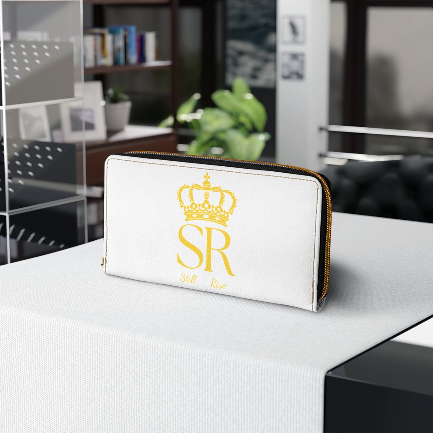 THSR 'SR Still Rise' White Long Zipper Wallet - Elegant Gold Detailing on Both Sides