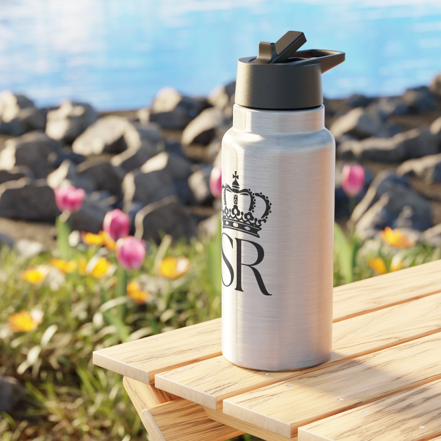 THSR "SR" 32 oz Silver Insulated Tumbler – Durable Stainless Steel Water Bottle with Black Lid & Straw