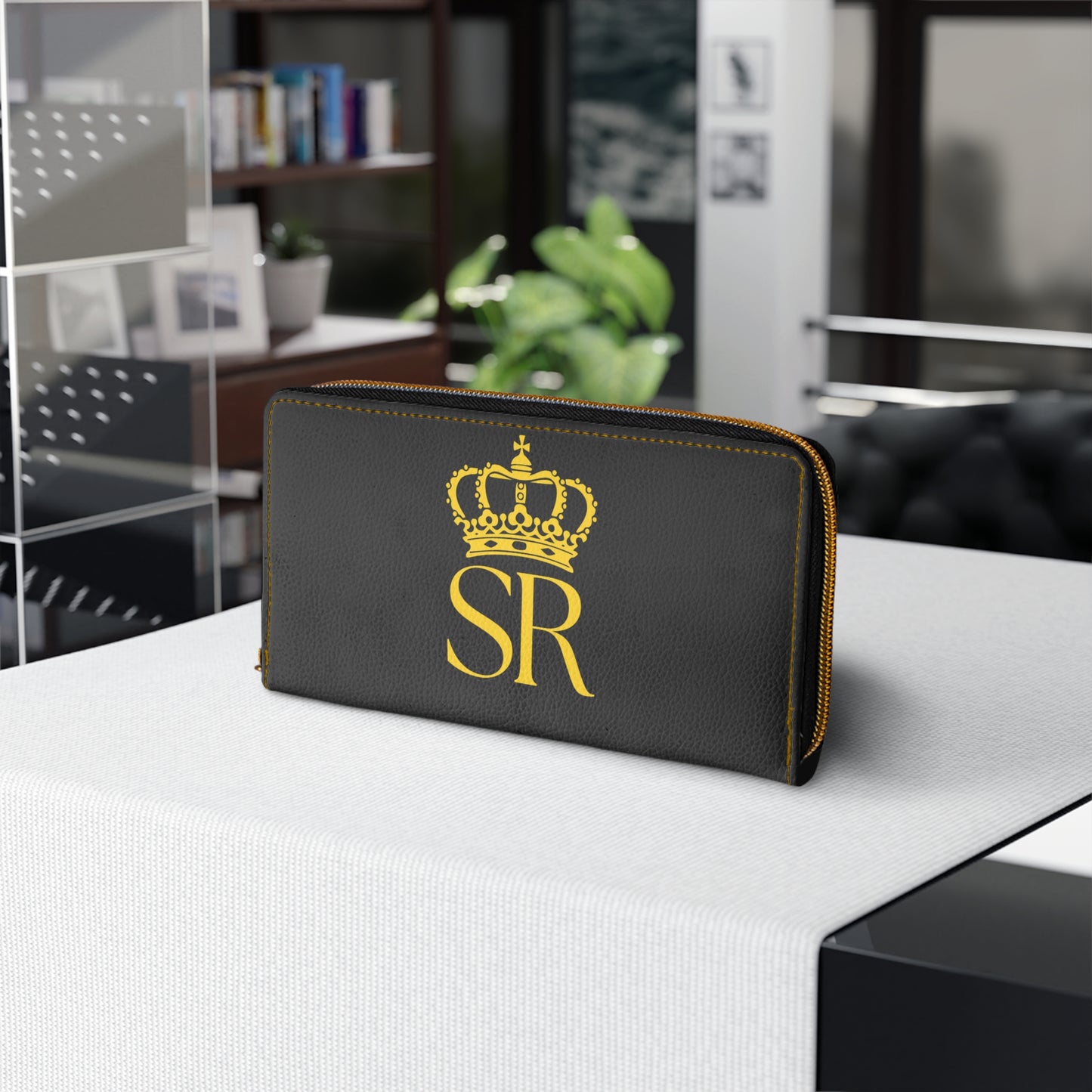 THSR Gold 'SR' Black Long Zipper Wallet - Elegant Gold Detailing on Both Sides