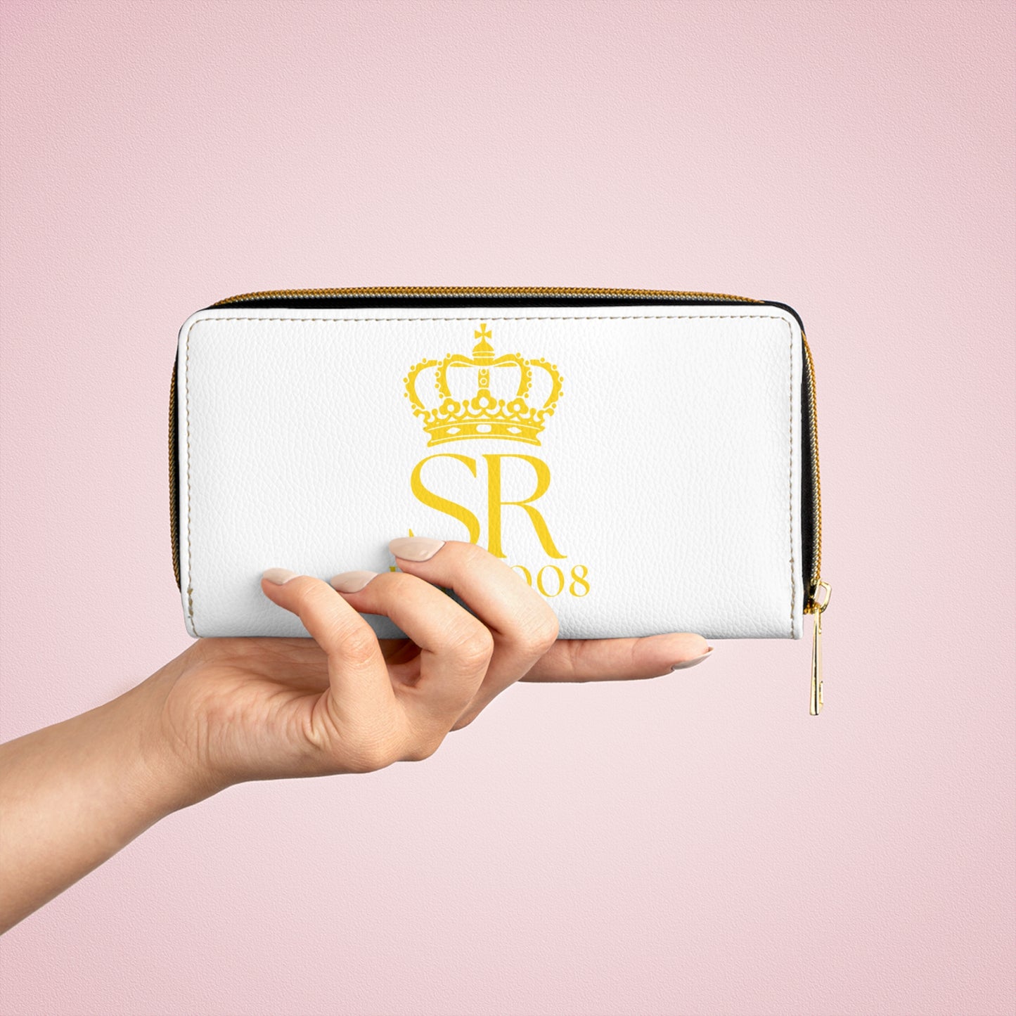 THSR 'SR Est. 2008' White Long Zipper Wallet - Elegant Gold Detailing on Both Sides