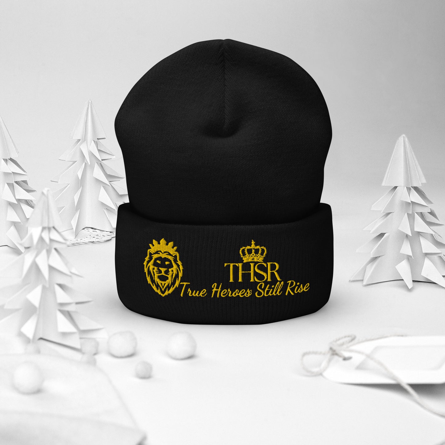 THSR Black Cuffed Beanie with Gold Embroidered THSR KING Lion & Crowned THSR True Heroes Still Rise Logo – Warm, Stylish Winter Hat