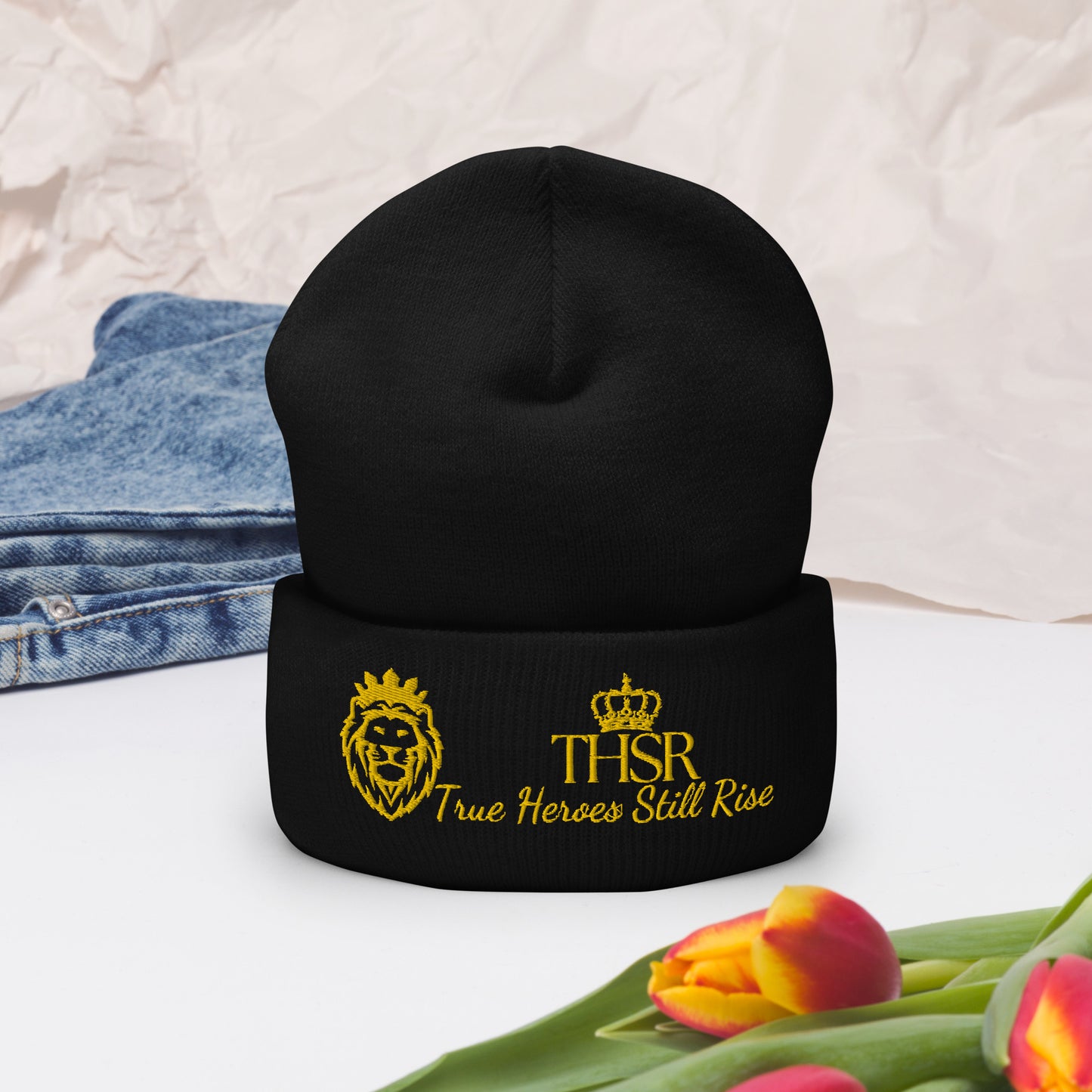 THSR Black Cuffed Beanie with Gold Embroidered THSR KING Lion & Crowned THSR True Heroes Still Rise Logo – Warm, Stylish Winter Hat