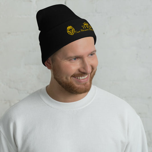 THSR Black Cuffed Beanie with Gold Embroidered THSR KING Lion & Crowned THSR True Heroes Still Rise Logo – Warm, Stylish Winter Hat