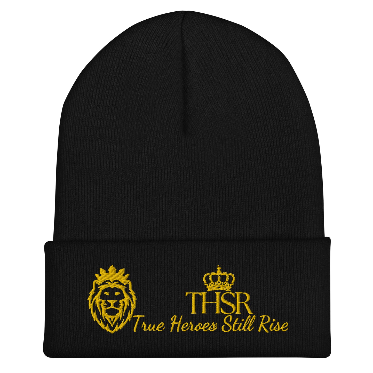 THSR Black Cuffed Beanie with Gold Embroidered THSR KING Lion & Crowned THSR True Heroes Still Rise Logo – Warm, Stylish Winter Hat