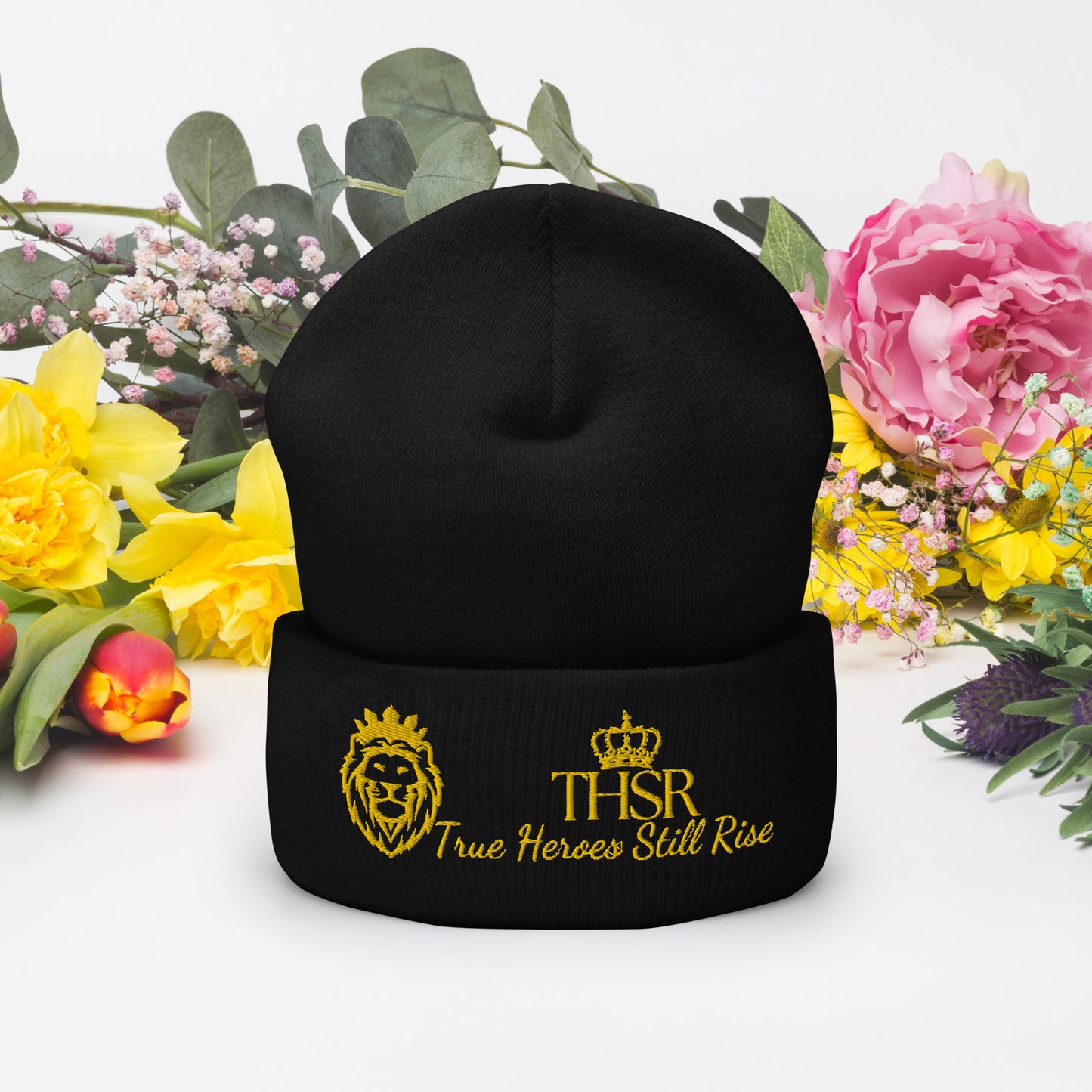 THSR Black Cuffed Beanie with Gold Embroidered THSR KING Lion & Crowned THSR True Heroes Still Rise Logo – Warm, Stylish Winter Hat