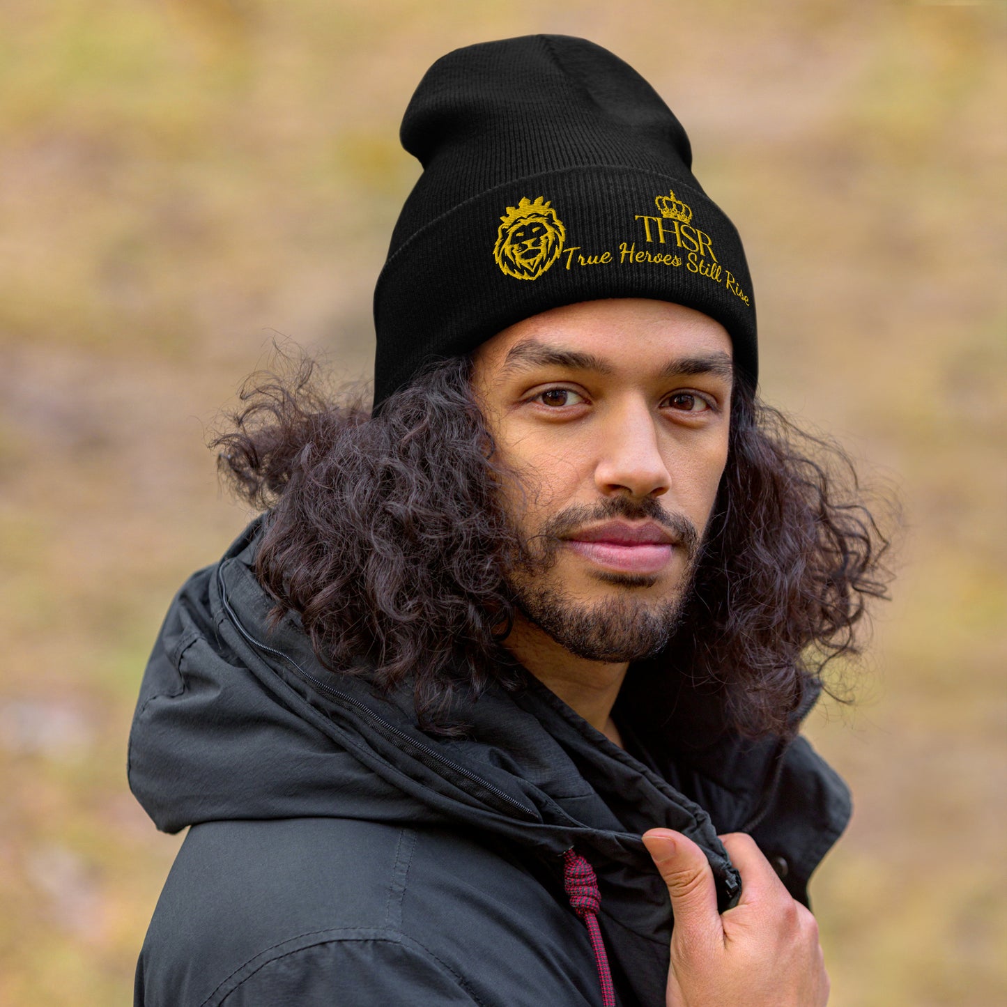 THSR Black Cuffed Beanie with Gold Embroidered THSR KING Lion & Crowned THSR True Heroes Still Rise Logo – Warm, Stylish Winter Hat