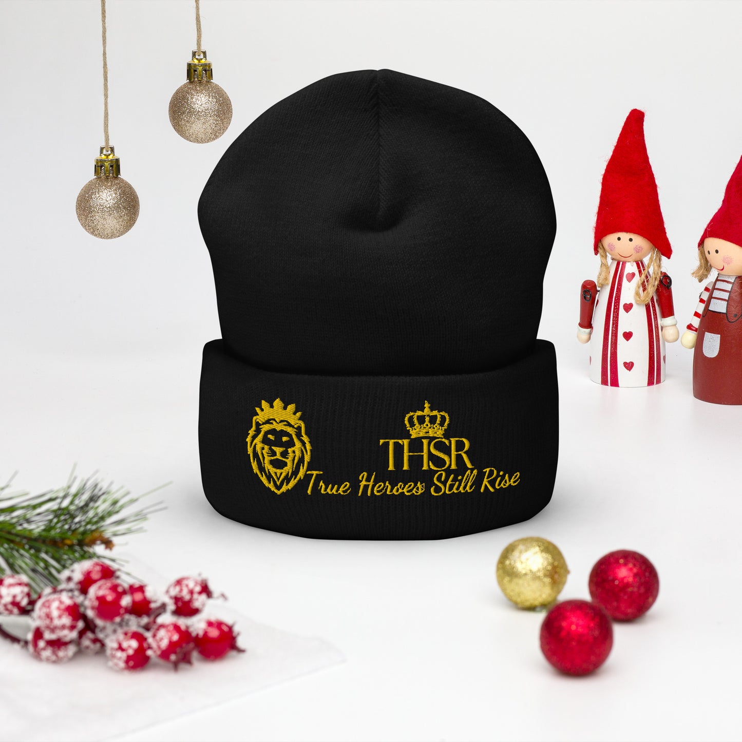 THSR Black Cuffed Beanie with Gold Embroidered THSR KING Lion & Crowned THSR True Heroes Still Rise Logo – Warm, Stylish Winter Hat