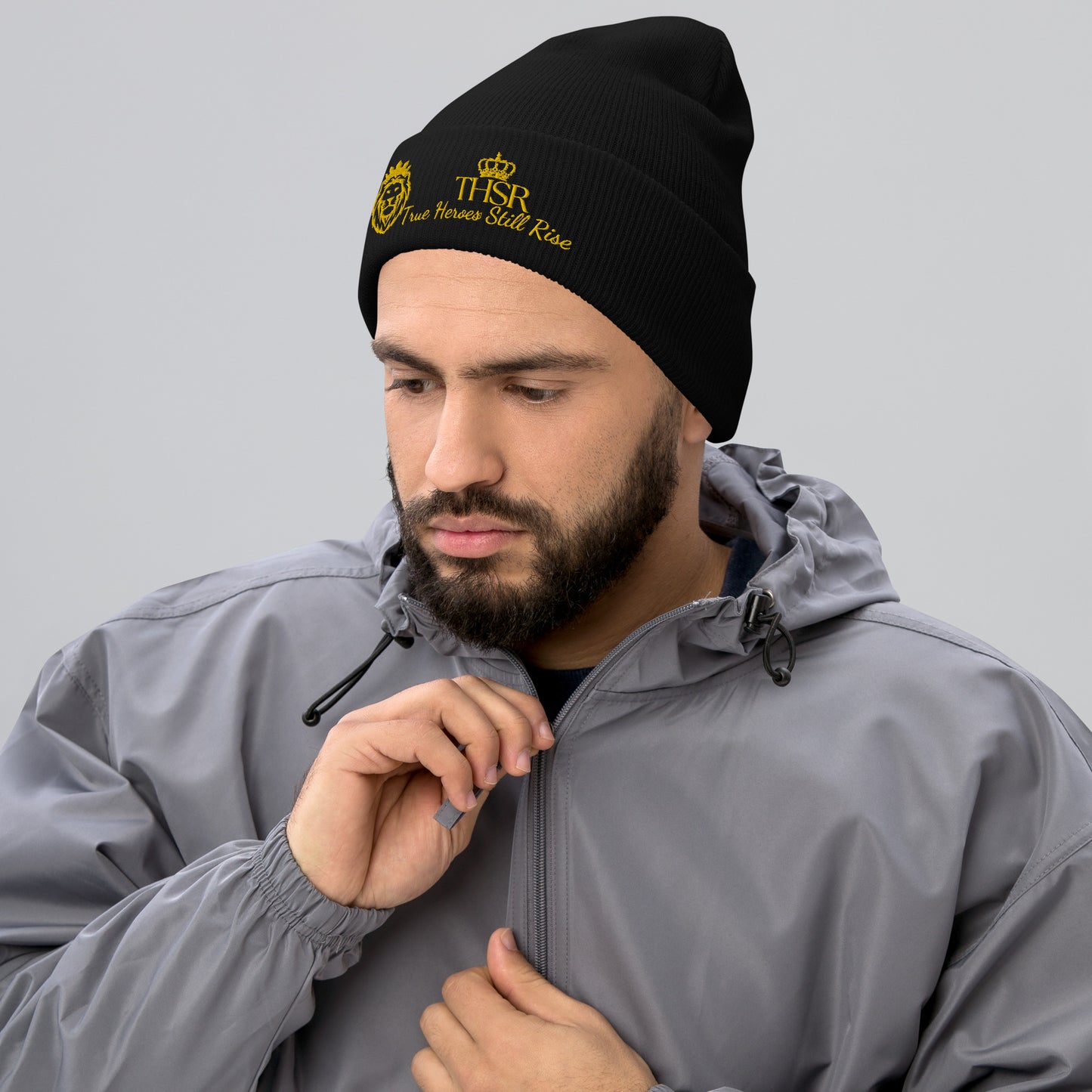 THSR Black Cuffed Beanie with Gold Embroidered THSR KING Lion & Crowned THSR True Heroes Still Rise Logo – Warm, Stylish Winter Hat