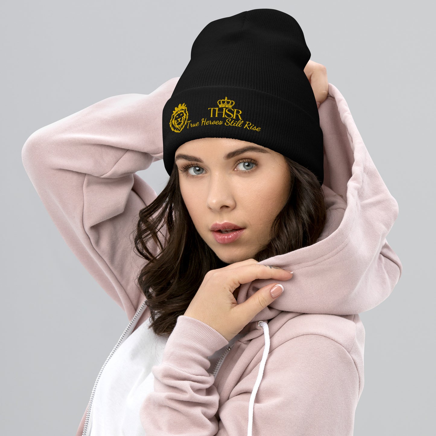 THSR Black Cuffed Beanie with Gold Embroidered THSR KING Lion & Crowned THSR True Heroes Still Rise Logo – Warm, Stylish Winter Hat