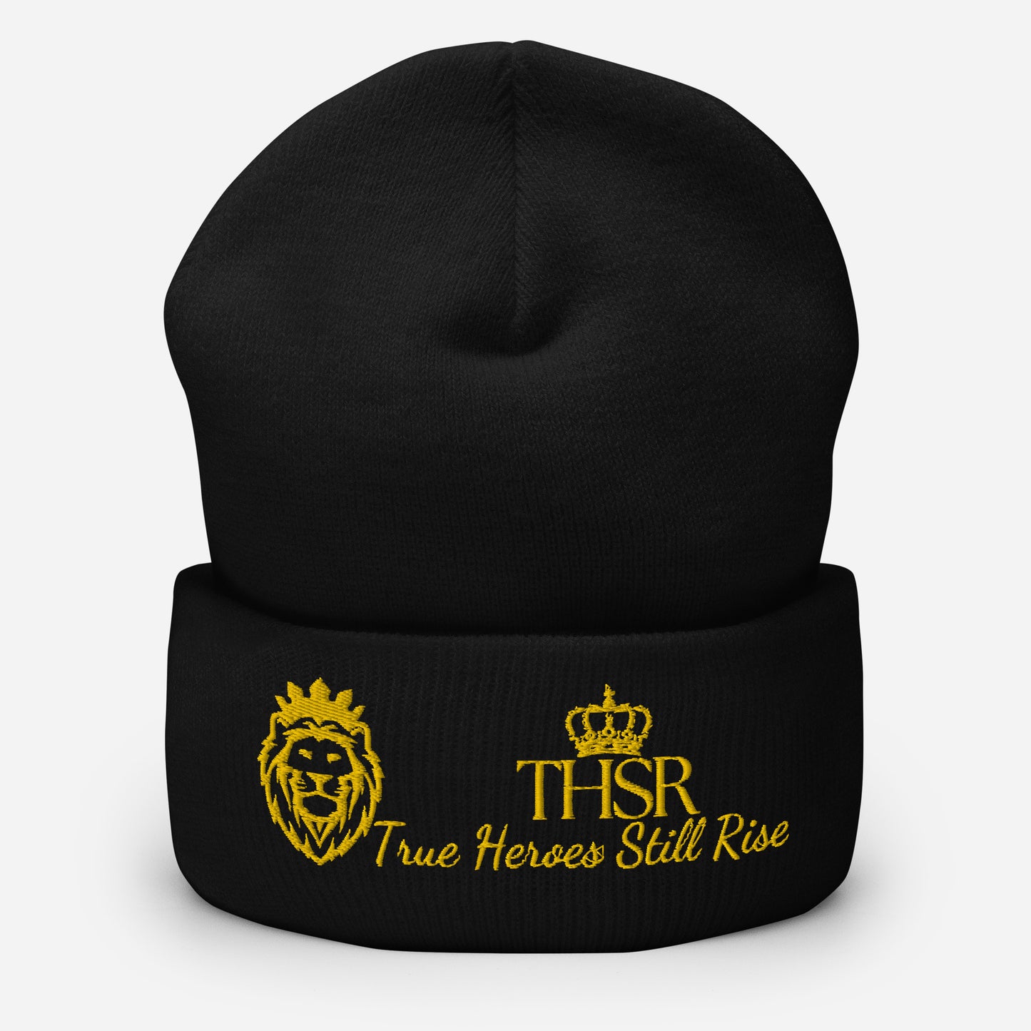 THSR Black Cuffed Beanie with Gold Embroidered THSR KING Lion & Crowned THSR True Heroes Still Rise Logo – Warm, Stylish Winter Hat