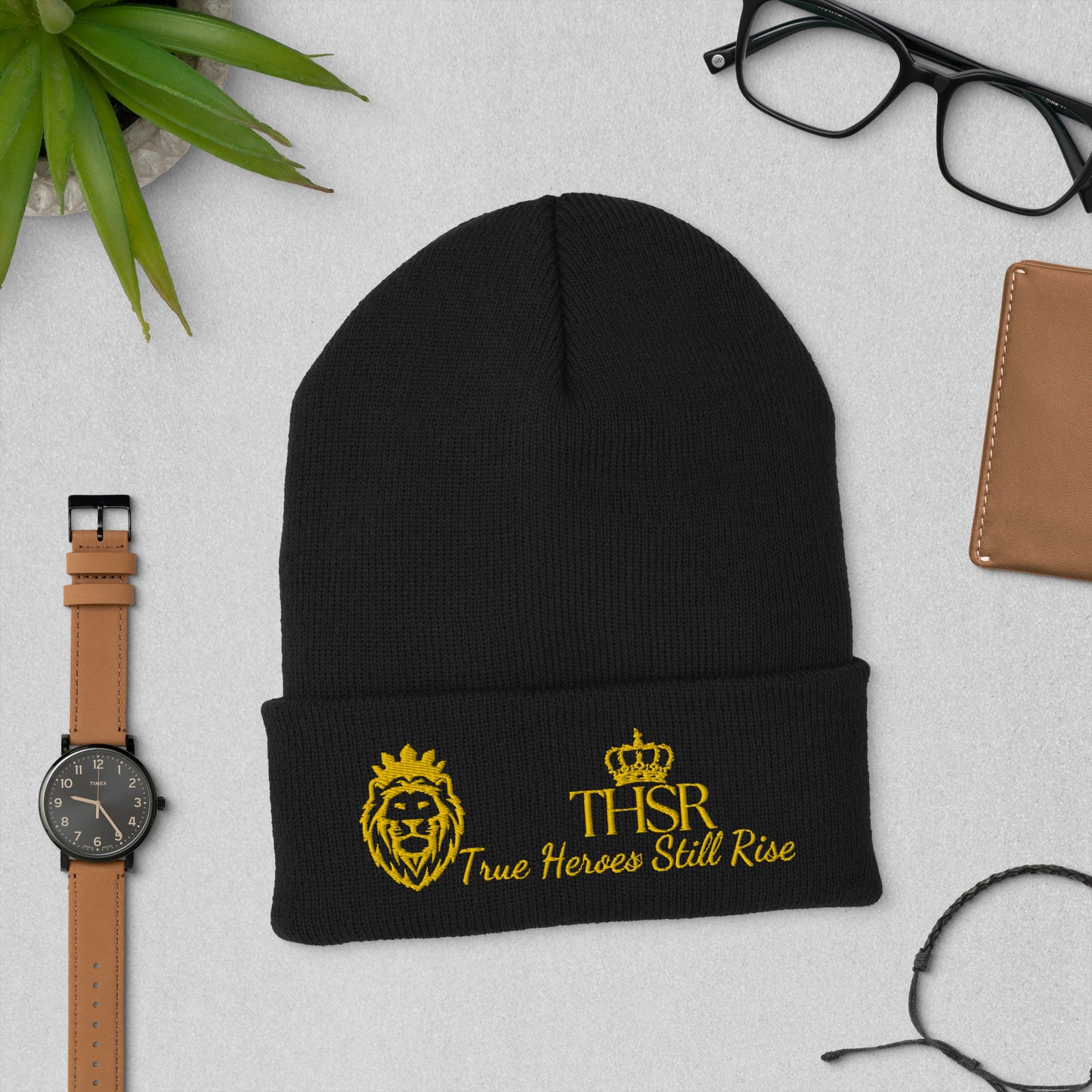 THSR Black Cuffed Beanie with Gold Embroidered THSR KING Lion & Crowned THSR True Heroes Still Rise Logo – Warm, Stylish Winter Hat