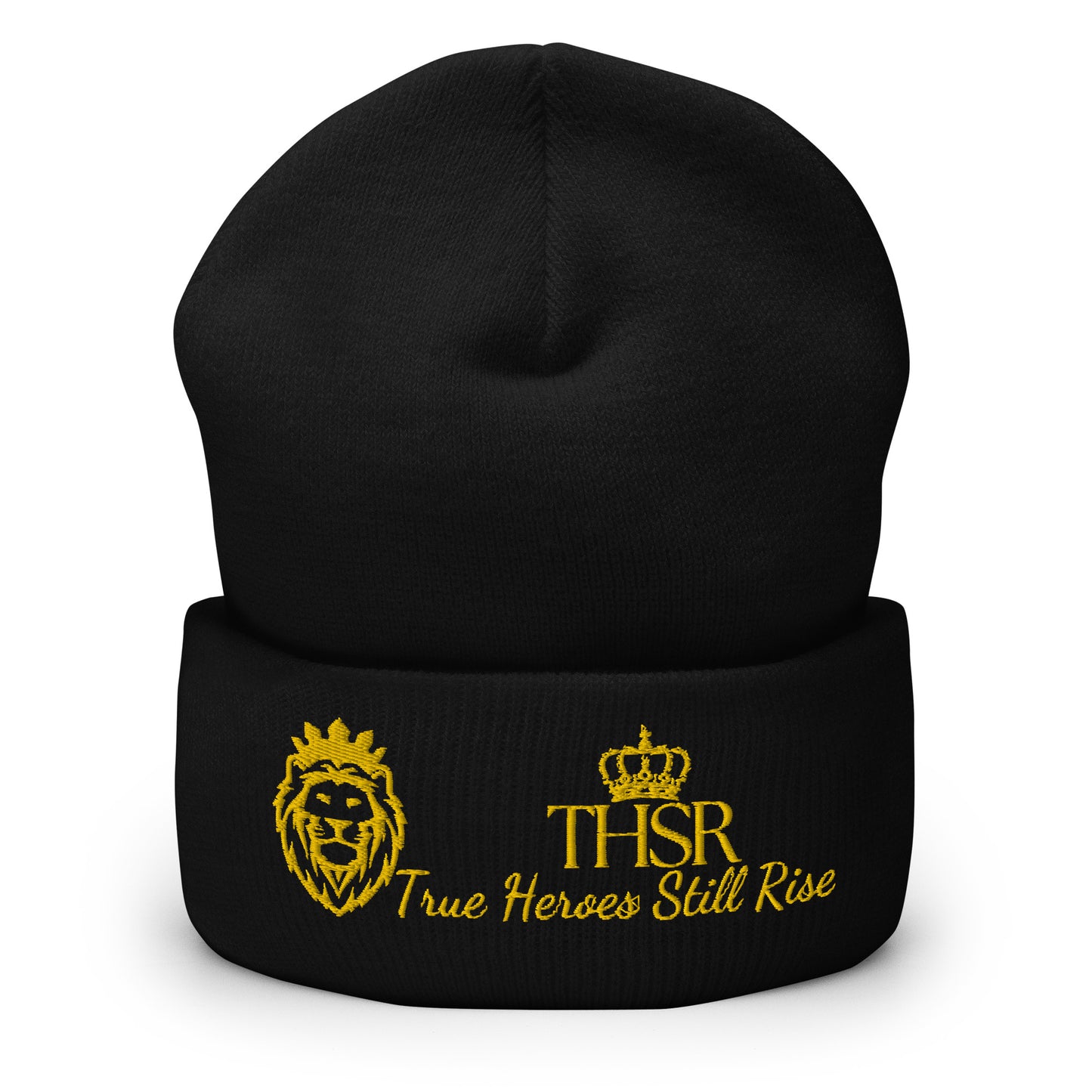 THSR Black Cuffed Beanie with Gold Embroidered THSR KING Lion & Crowned THSR True Heroes Still Rise Logo – Warm, Stylish Winter Hat