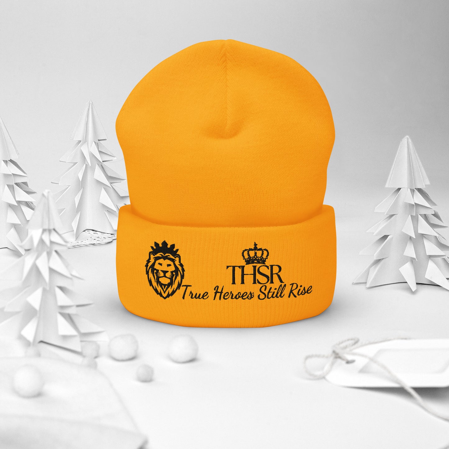 THSR Gold Cuffed Beanie with Black Embroidered THSR KING Lion & Crowned THSR True Heroes Still Rise Logo – Warm, Stylish Winter Hat