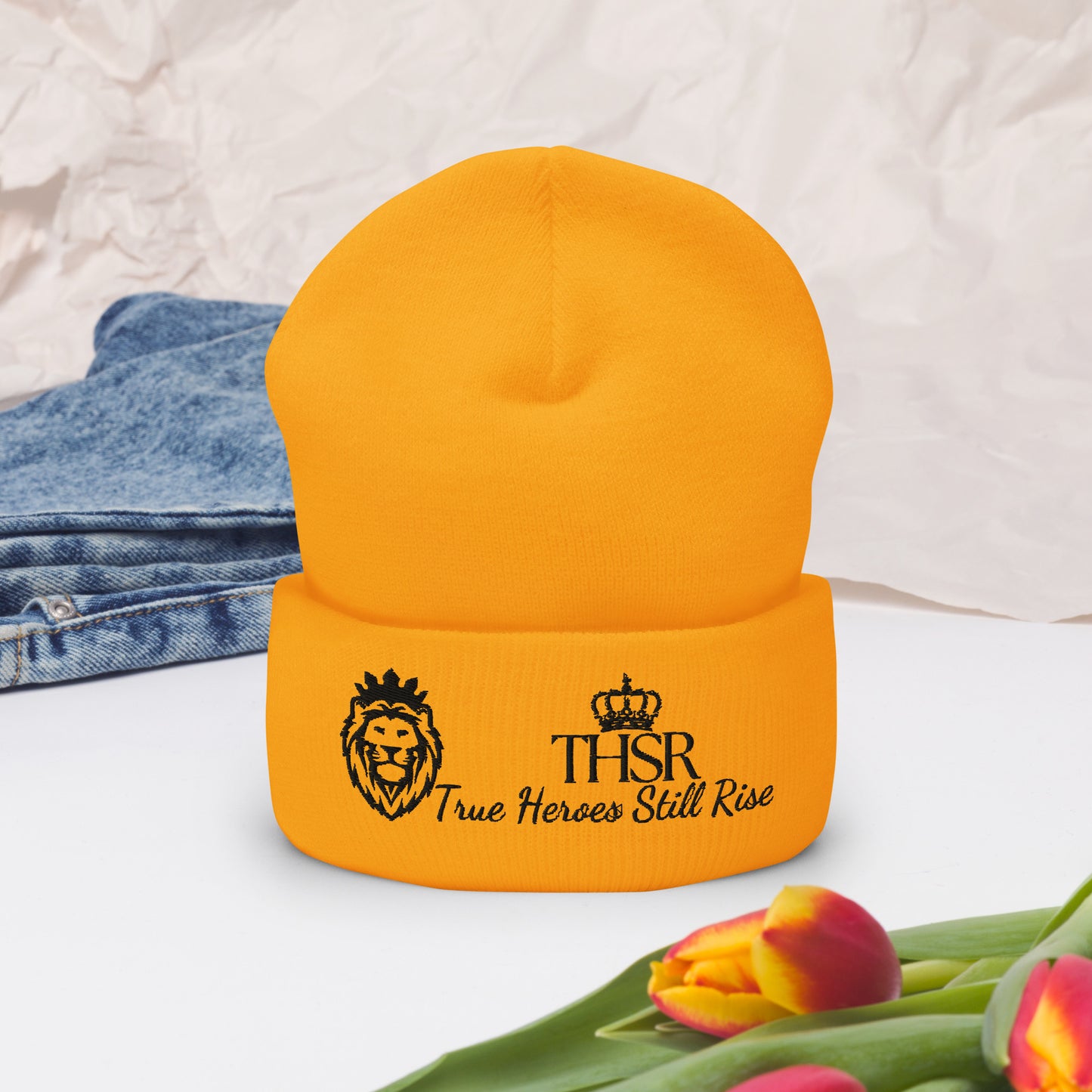 THSR Gold Cuffed Beanie with Black Embroidered THSR KING Lion & Crowned THSR True Heroes Still Rise Logo – Warm, Stylish Winter Hat