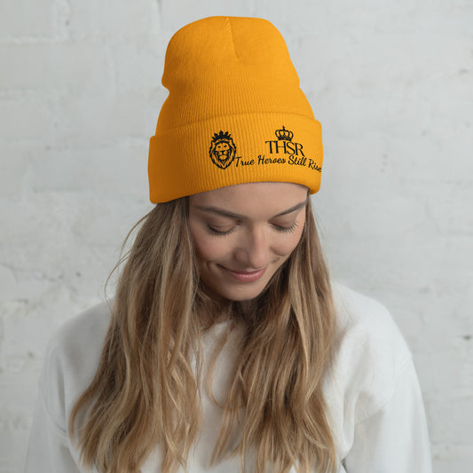 THSR Gold Cuffed Beanie with Black Embroidered THSR KING Lion & Crowned THSR True Heroes Still Rise Logo – Warm, Stylish Winter Hat