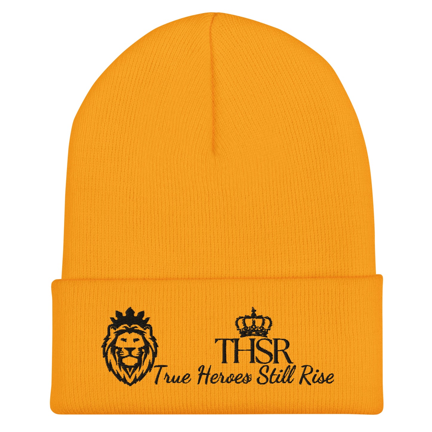 THSR Gold Cuffed Beanie with Black Embroidered THSR KING Lion & Crowned THSR True Heroes Still Rise Logo – Warm, Stylish Winter Hat