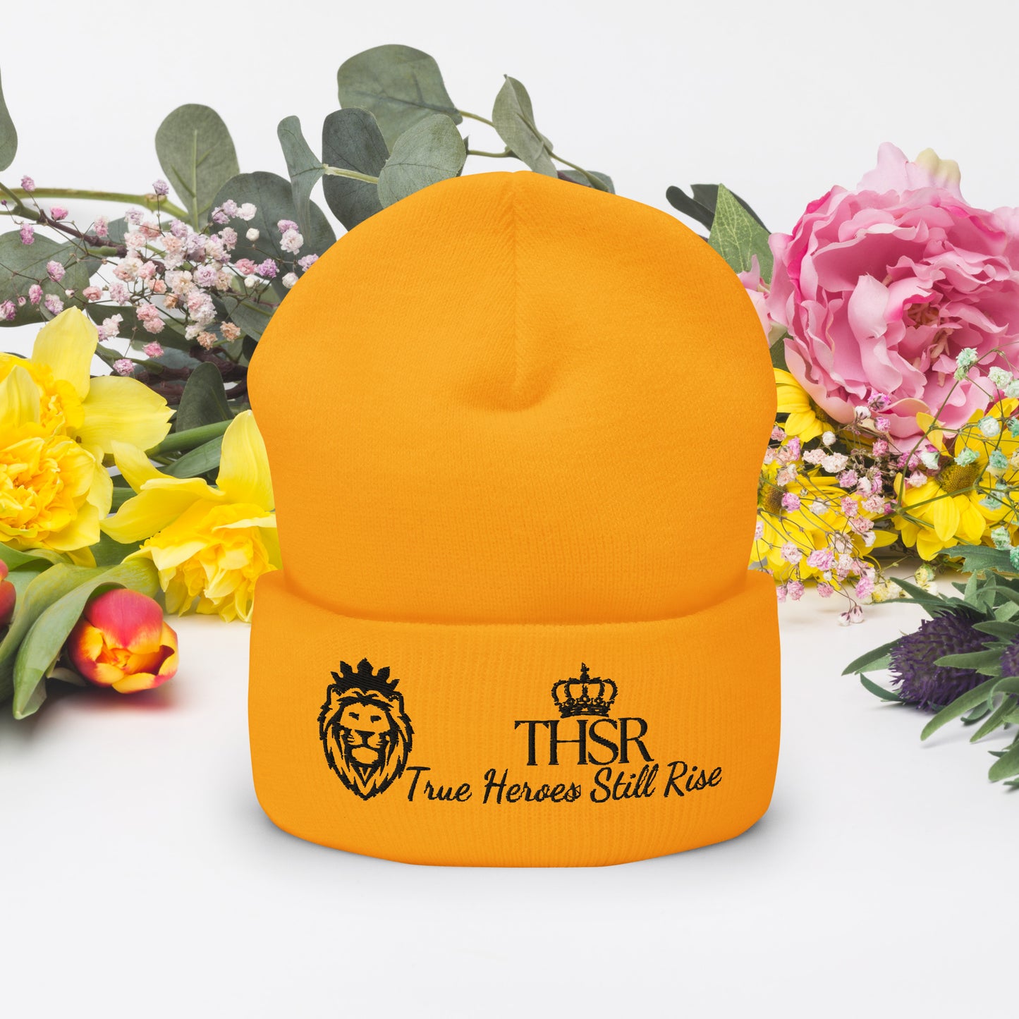 THSR Gold Cuffed Beanie with Black Embroidered THSR KING Lion & Crowned THSR True Heroes Still Rise Logo – Warm, Stylish Winter Hat