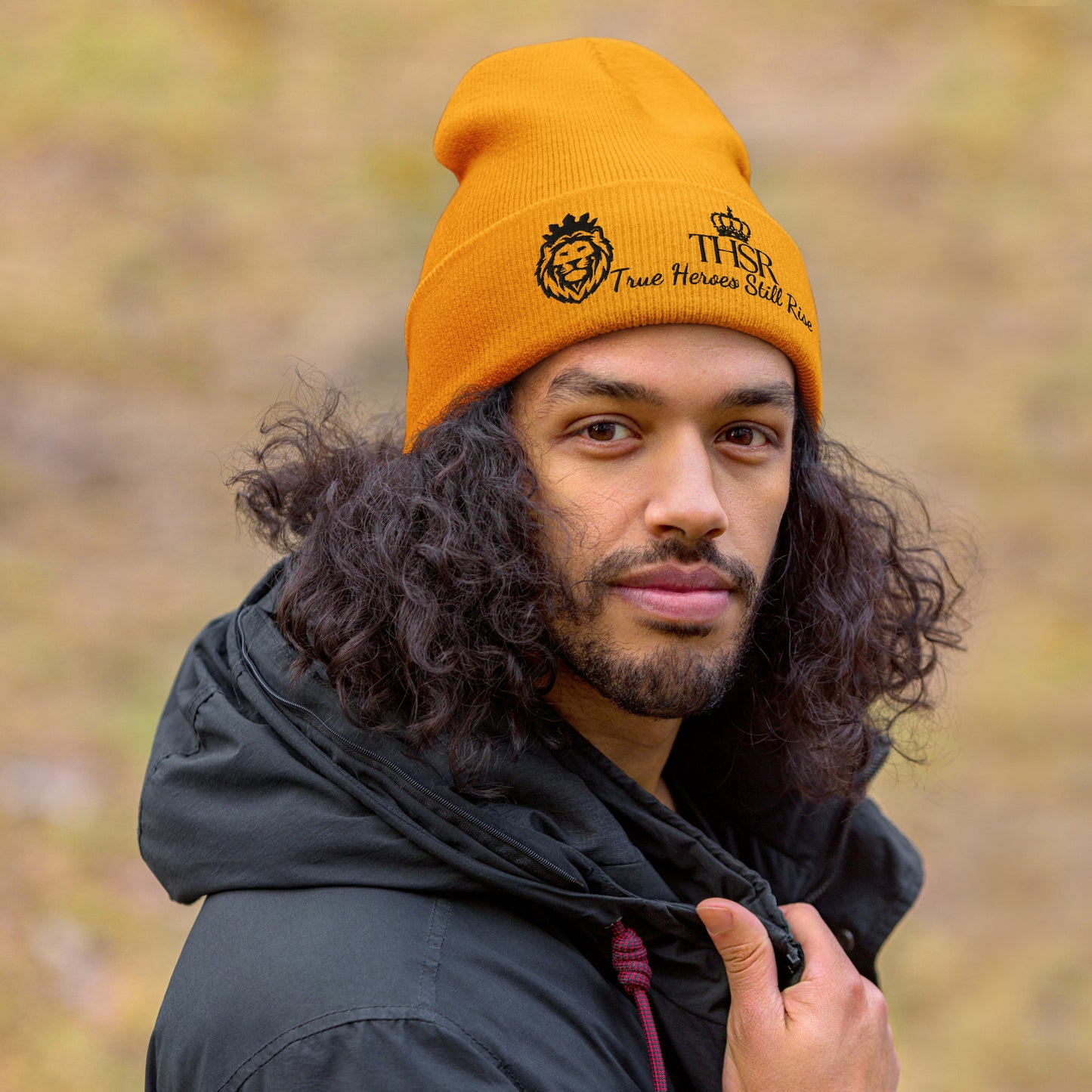 THSR Gold Cuffed Beanie with Black Embroidered THSR KING Lion & Crowned THSR True Heroes Still Rise Logo – Warm, Stylish Winter Hat