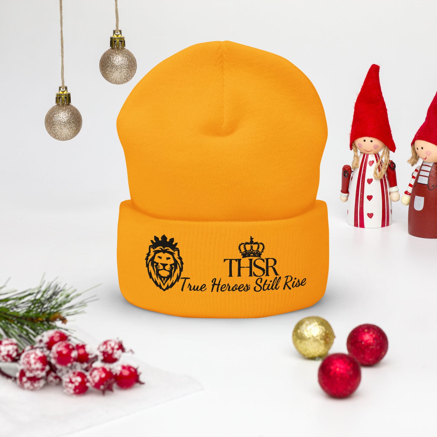 THSR Gold Cuffed Beanie with Black Embroidered THSR KING Lion & Crowned THSR True Heroes Still Rise Logo – Warm, Stylish Winter Hat