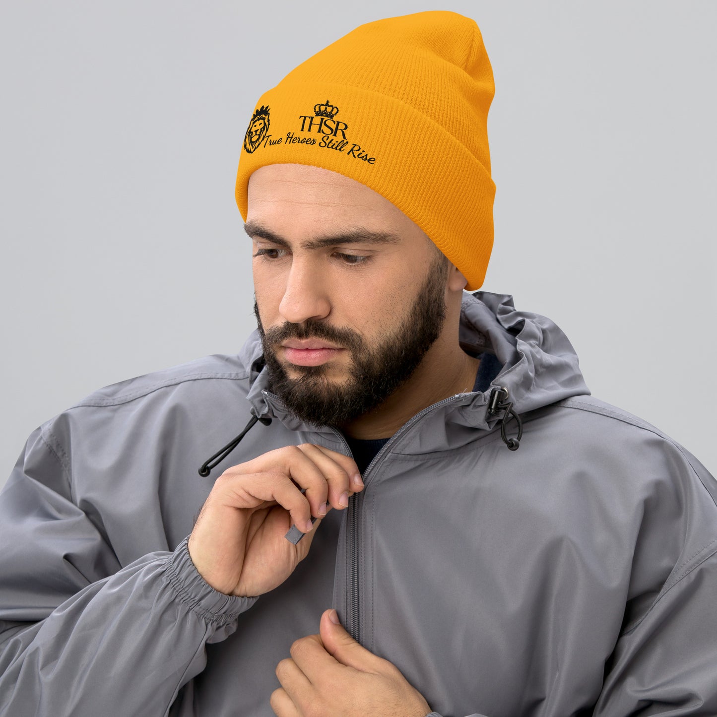 THSR Gold Cuffed Beanie with Black Embroidered THSR KING Lion & Crowned THSR True Heroes Still Rise Logo – Warm, Stylish Winter Hat