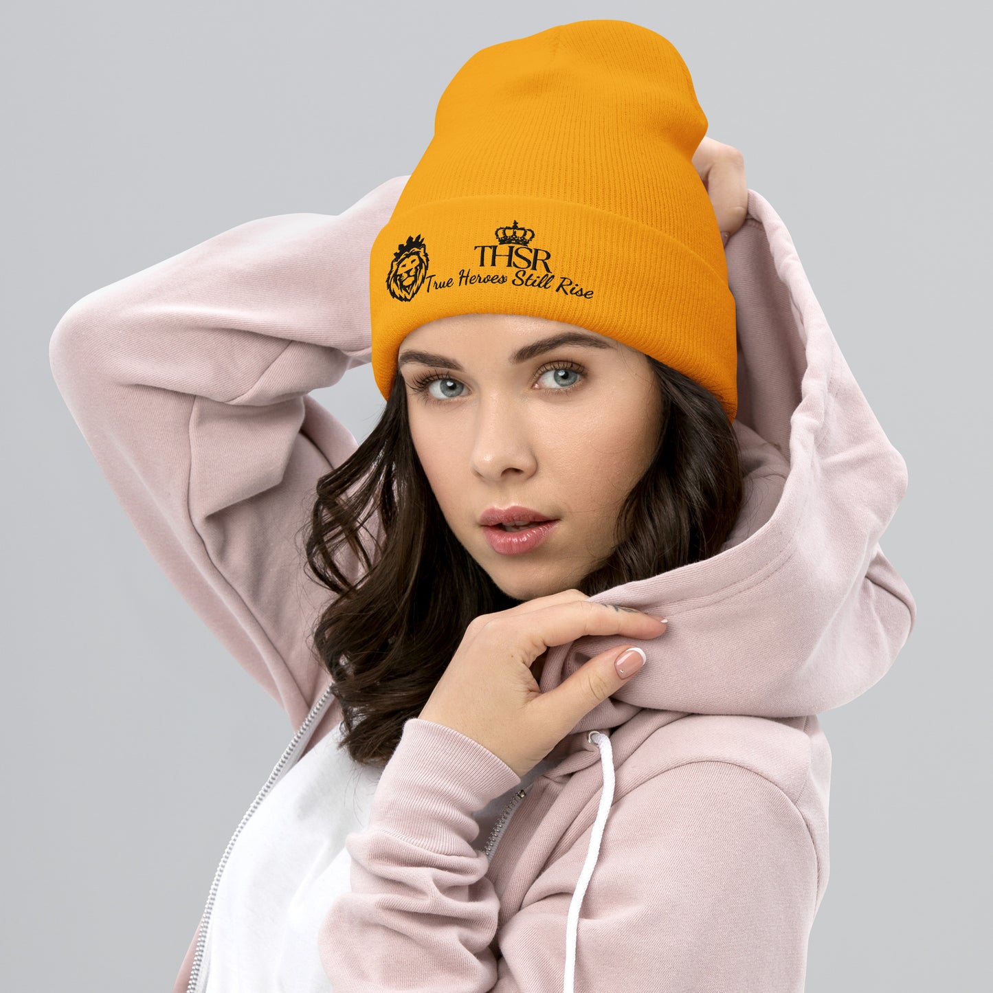 THSR Gold Cuffed Beanie with Black Embroidered THSR KING Lion & Crowned THSR True Heroes Still Rise Logo – Warm, Stylish Winter Hat