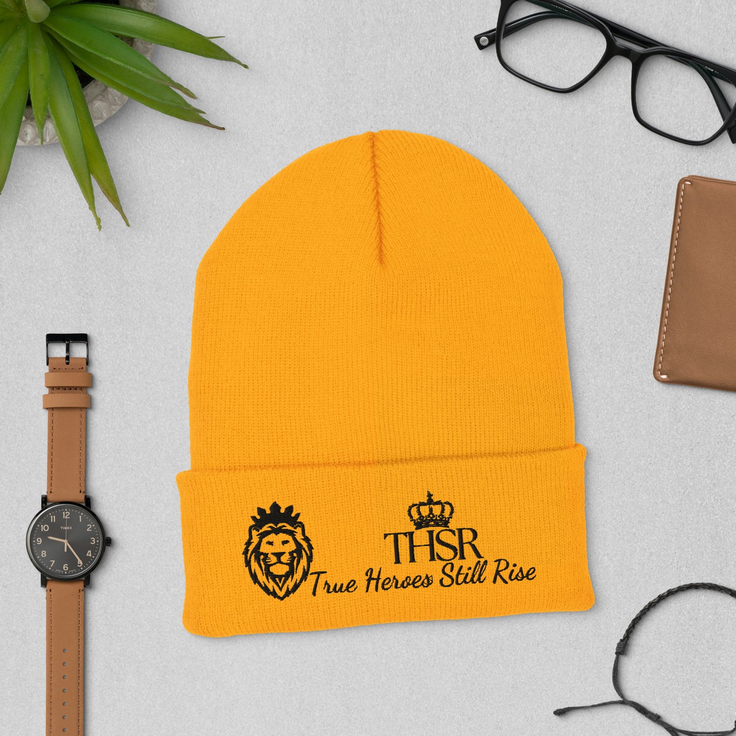 THSR Gold Cuffed Beanie with Black Embroidered THSR KING Lion & Crowned THSR True Heroes Still Rise Logo – Warm, Stylish Winter Hat