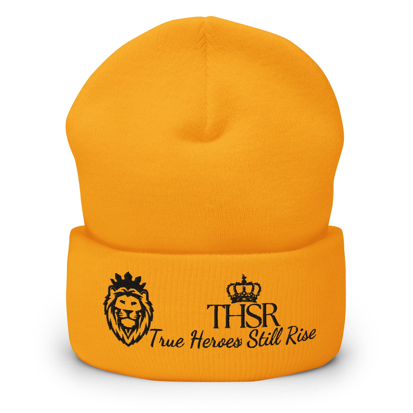 THSR Gold Cuffed Beanie with Black Embroidered THSR KING Lion & Crowned THSR True Heroes Still Rise Logo – Warm, Stylish Winter Hat