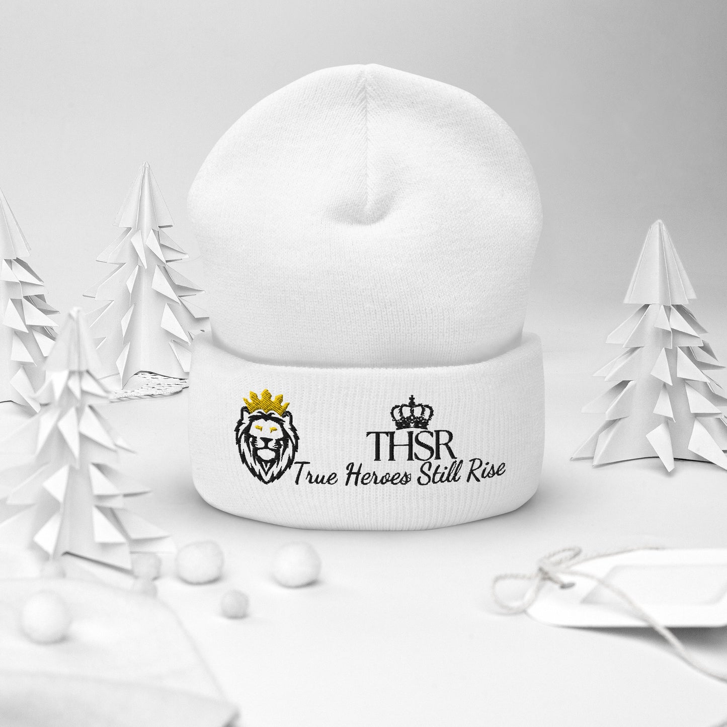 THSR White Cuffed Beanie with Black & Gold Embroidered THSR KING Lion & Black Embroidered Crowned THSR True Heroes Still Rise Logo – Warm, Stylish Winter Hat