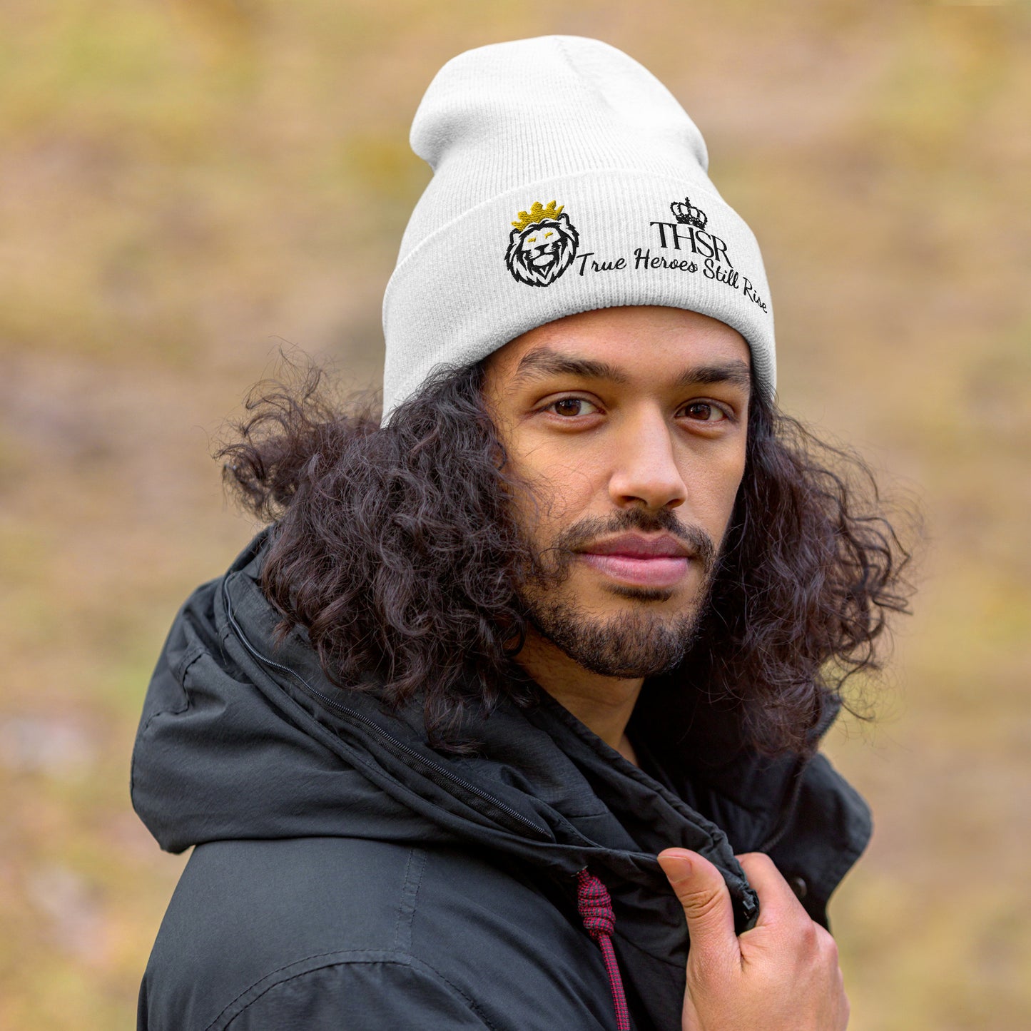 THSR White Cuffed Beanie with Black & Gold Embroidered THSR KING Lion & Black Embroidered Crowned THSR True Heroes Still Rise Logo – Warm, Stylish Winter Hat