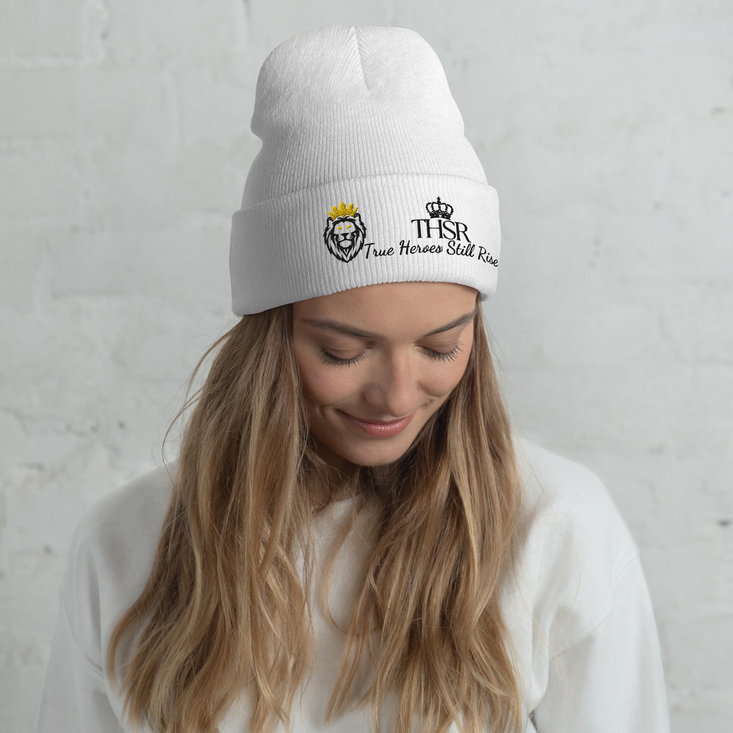 THSR White Cuffed Beanie with Black & Gold Embroidered THSR KING Lion & Black Embroidered Crowned THSR True Heroes Still Rise Logo – Warm, Stylish Winter Hat