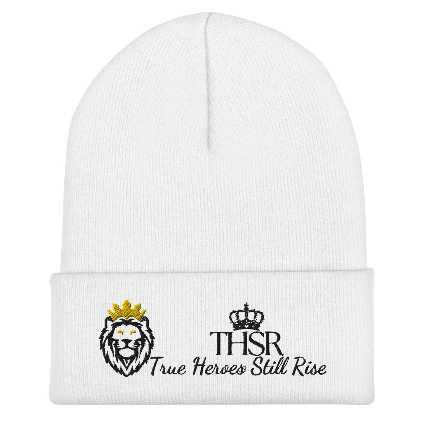 THSR White Cuffed Beanie with Black & Gold Embroidered THSR KING Lion & Black Embroidered Crowned THSR True Heroes Still Rise Logo – Warm, Stylish Winter Hat