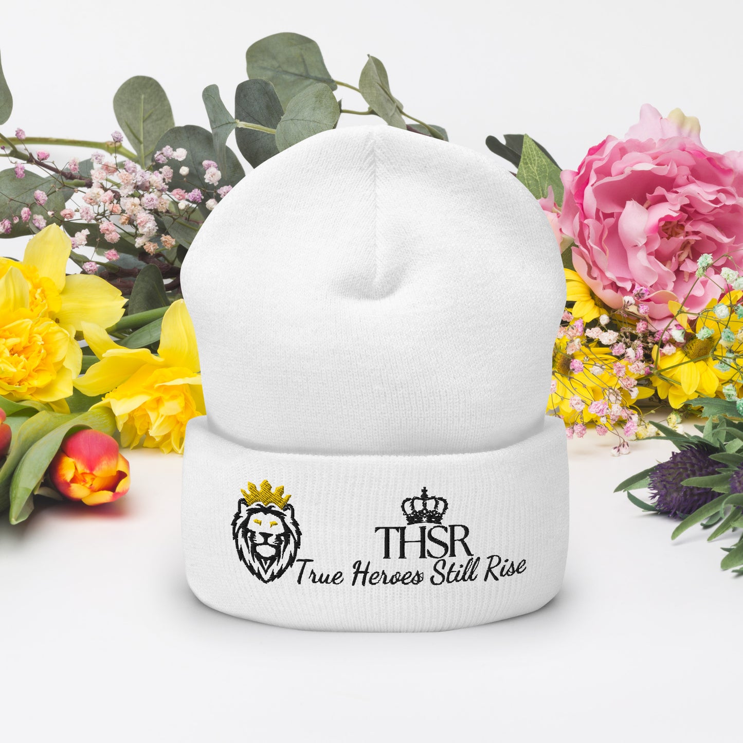 THSR White Cuffed Beanie with Black & Gold Embroidered THSR KING Lion & Black Embroidered Crowned THSR True Heroes Still Rise Logo – Warm, Stylish Winter Hat