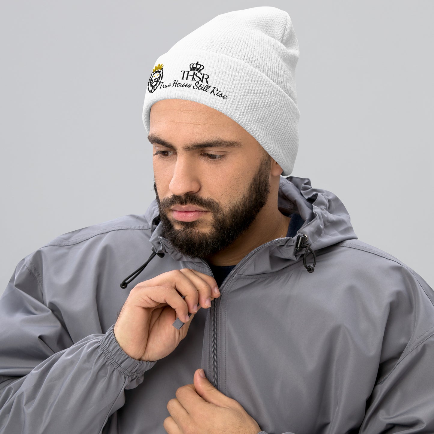 THSR White Cuffed Beanie with Black & Gold Embroidered THSR KING Lion & Black Embroidered Crowned THSR True Heroes Still Rise Logo – Warm, Stylish Winter Hat